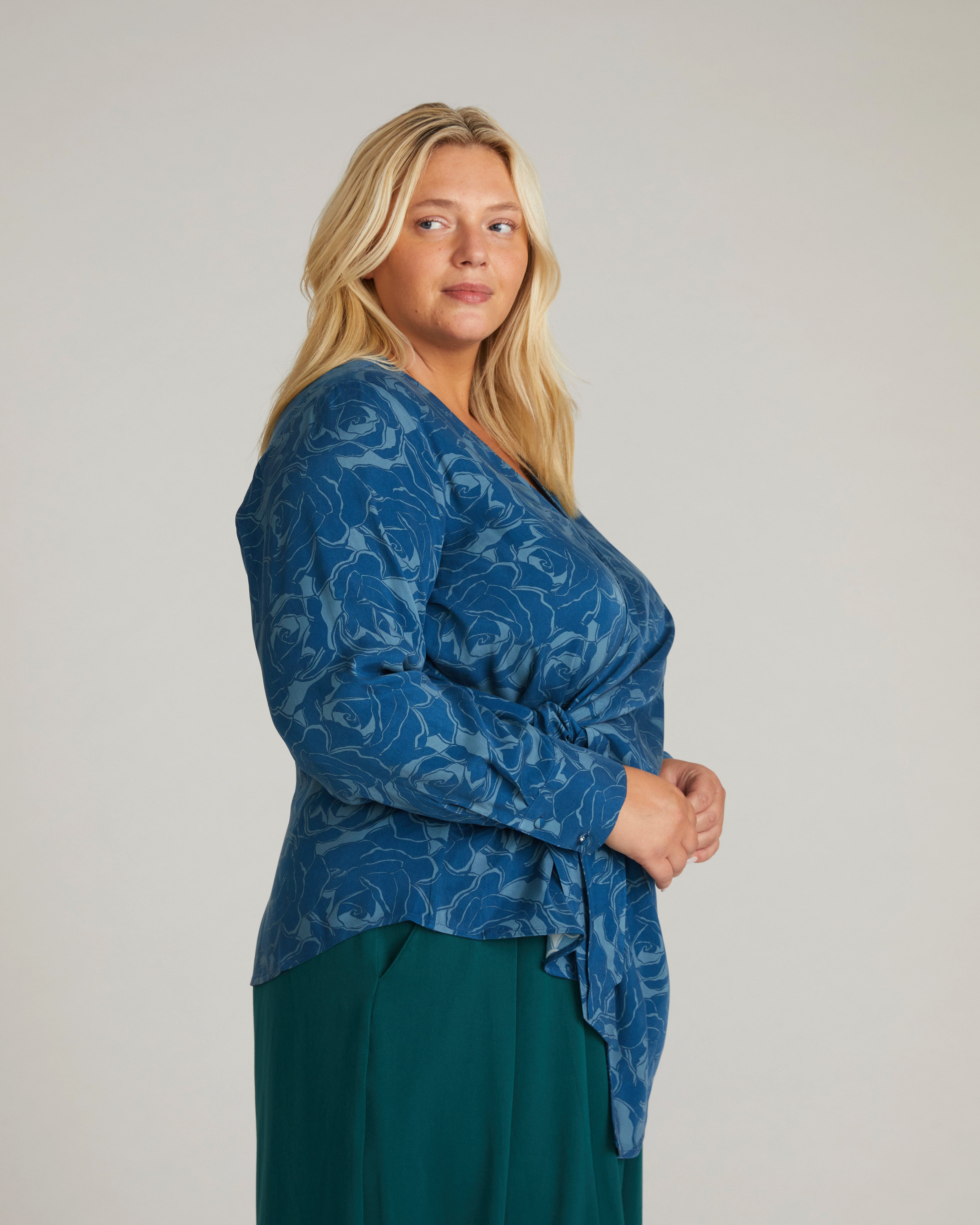 Beacon Stretch Cupro Wrap Shirt - Rose Print in Deep Teal