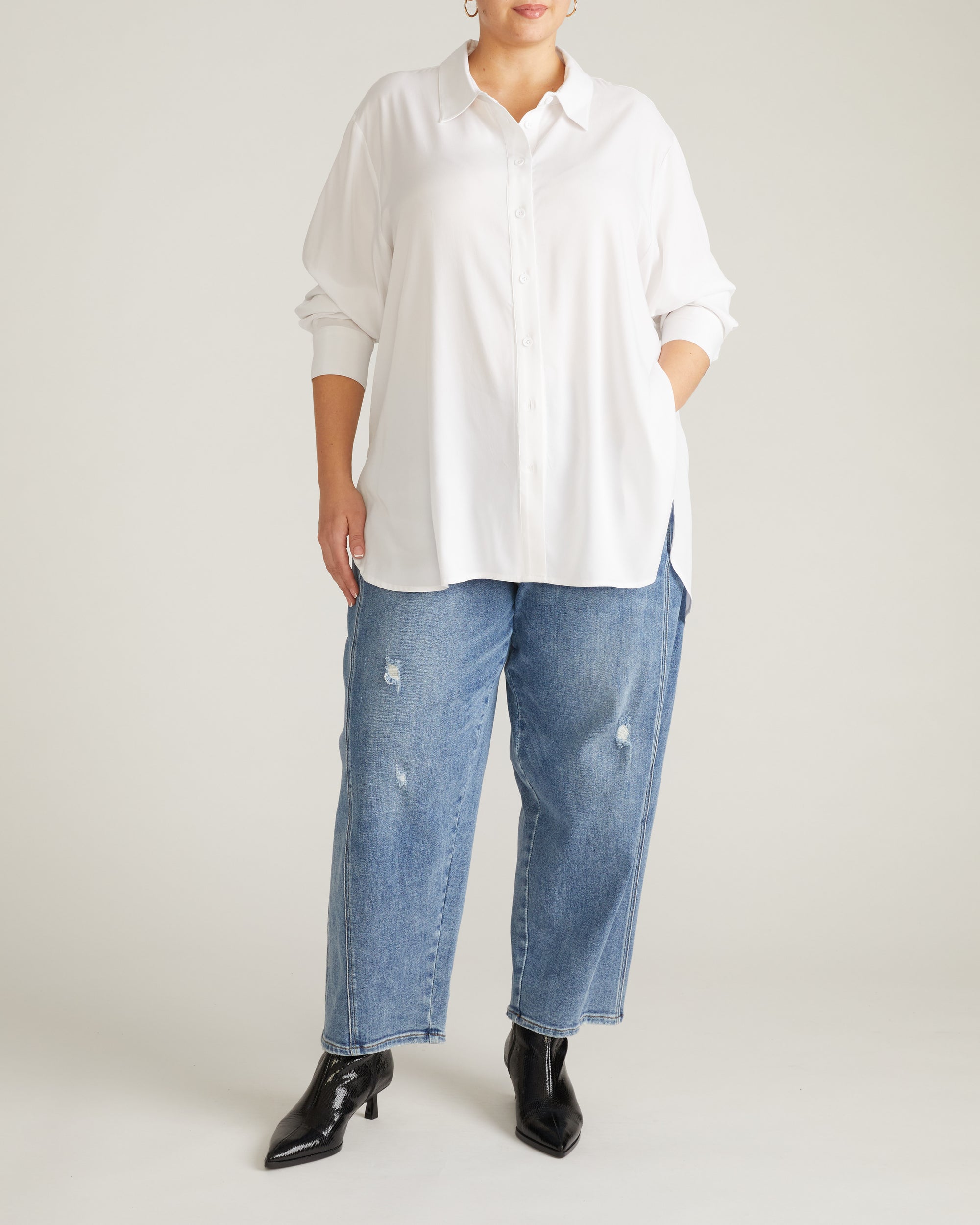 Woman wearing Cooling Stretch Cupro Artist Shirt - White from Universal Standard