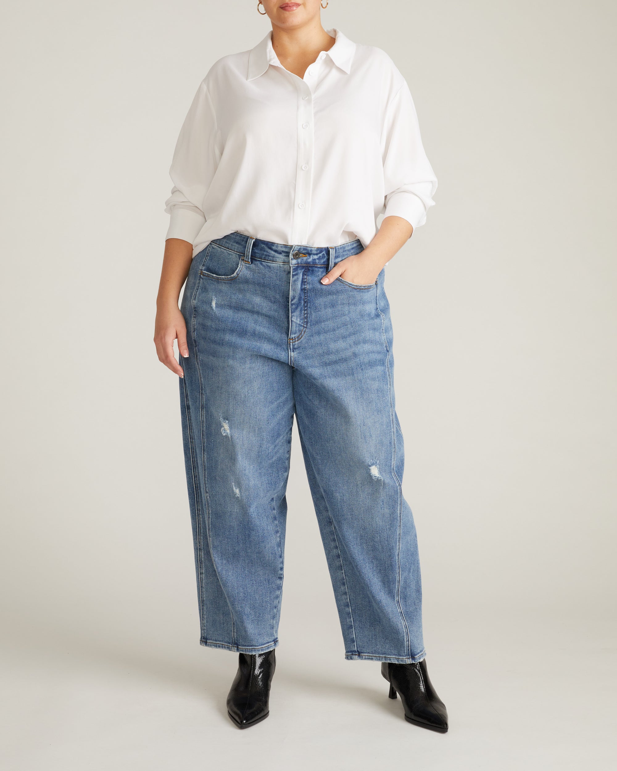 Woman wearing Cooling Stretch Cupro Artist Shirt - White from Universal Standard