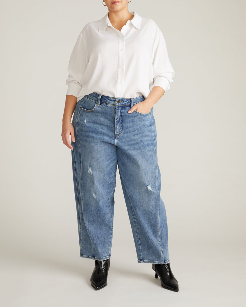 Woman wearing Cooling Stretch Cupro Artist Shirt - White from Universal Standard