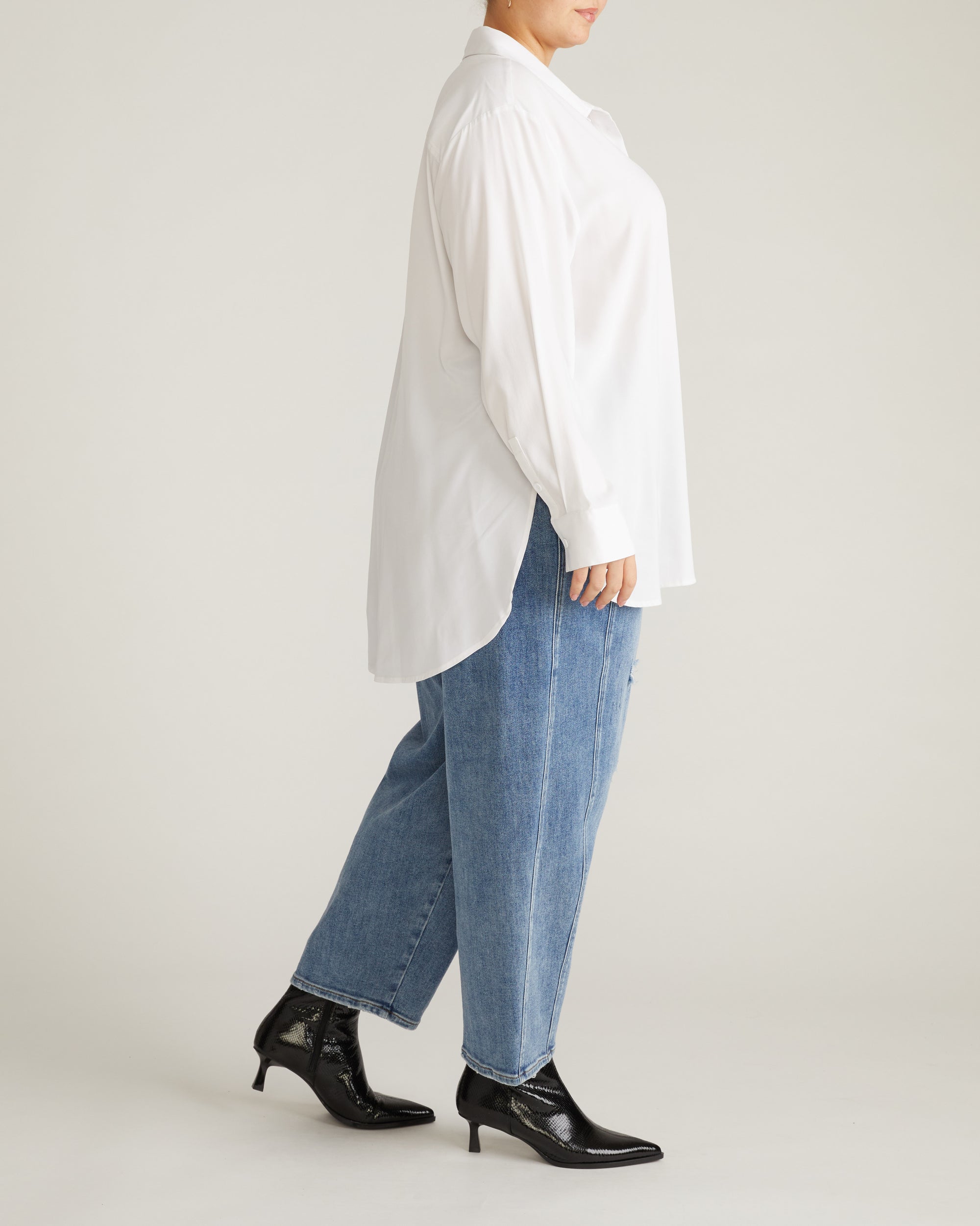 Woman wearing Cooling Stretch Cupro Artist Shirt - White from Universal Standard