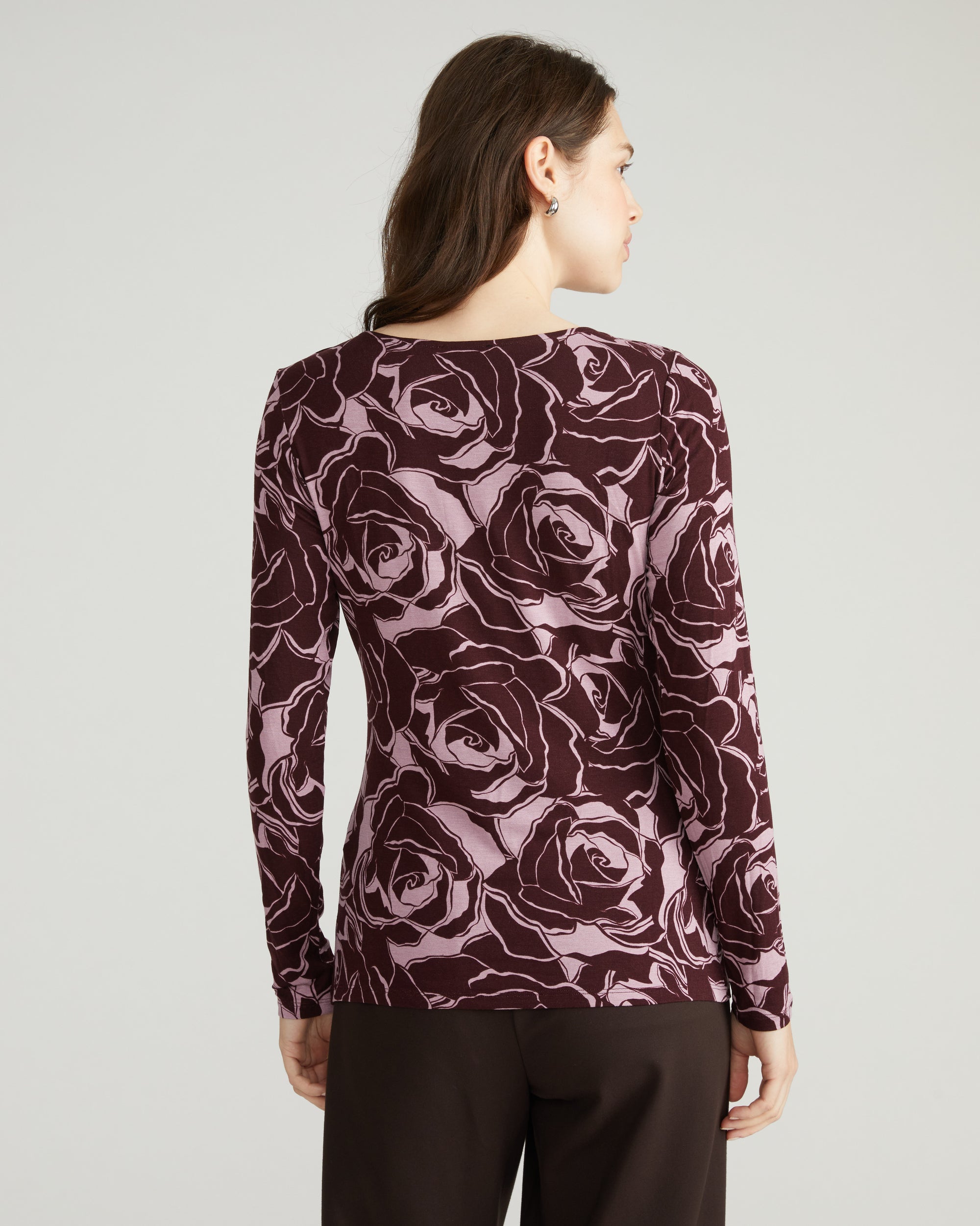 Agatha Liquid Jersey Top - Rose Print in Black Cherry