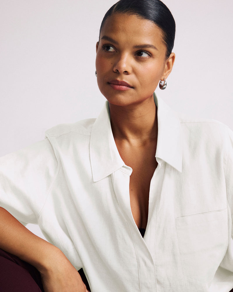 Woman wearing Button Back Linen Polo Shirt - Bright White from Universal Standard