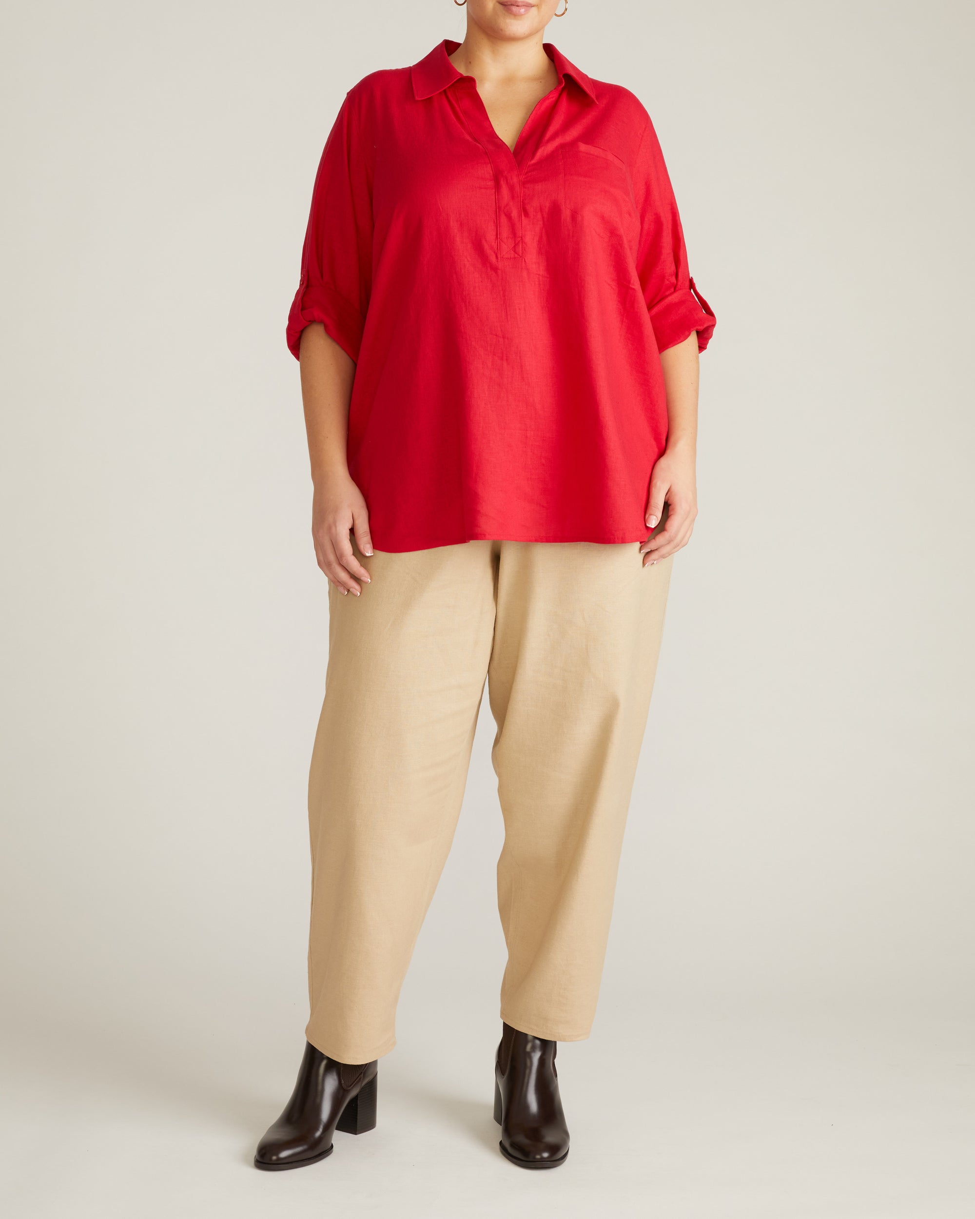 Button Back Linen Blend Polo Shirt - Brilliant Red | Plus Size & Straight Size Women's Fashion | Universal Standard