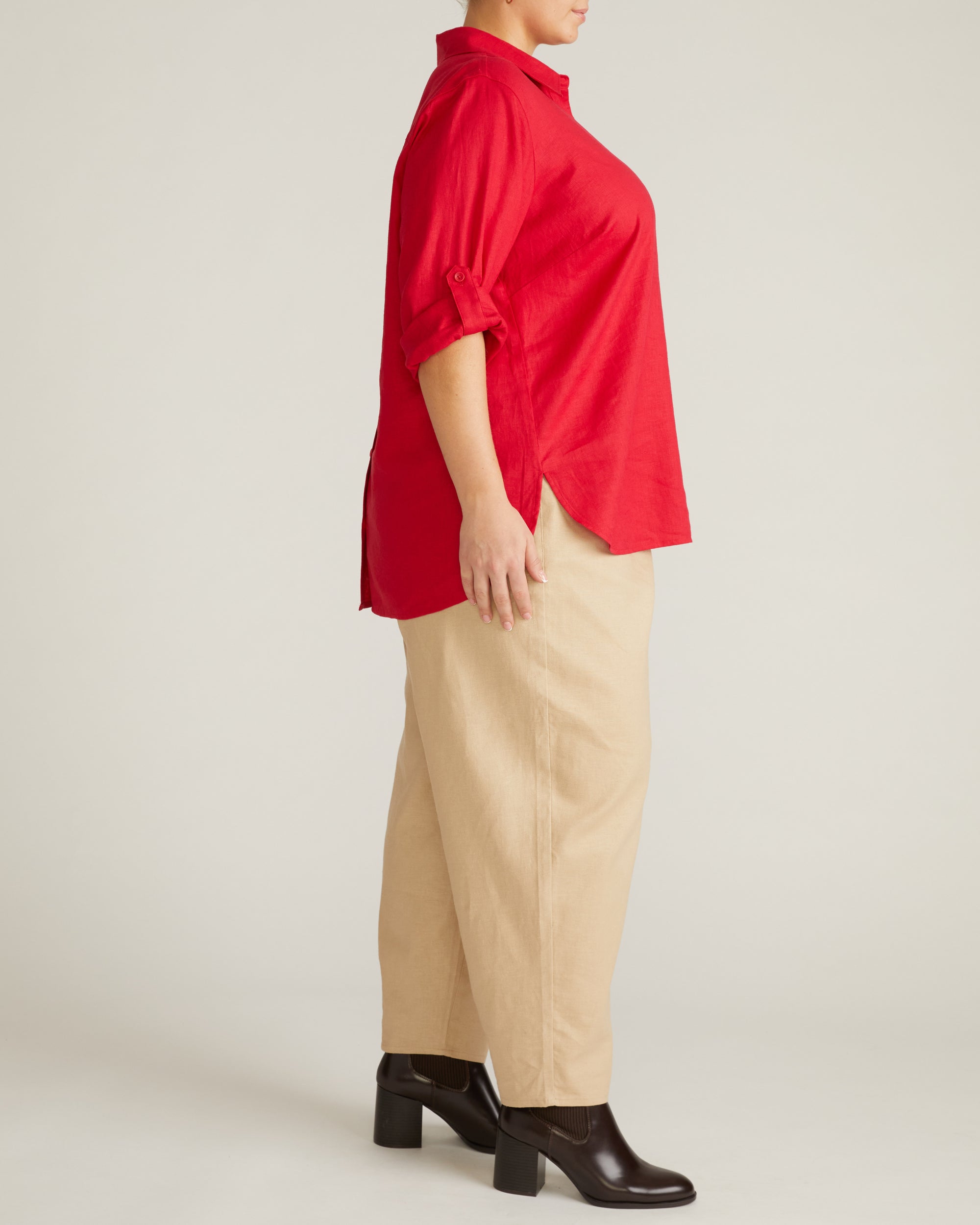 Button Back Linen Blend Polo Shirt - Brilliant Red | Plus Size & Straight Size Women's Fashion | Universal Standard