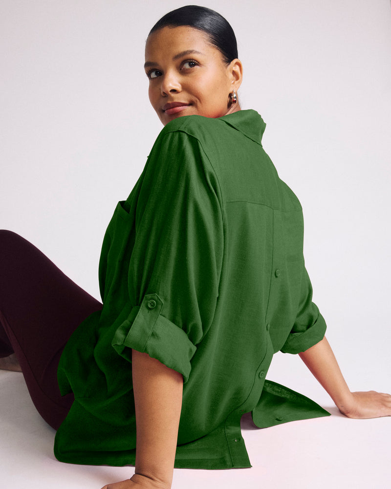 Woman wearing Button Back Linen Polo Shirt - Green Park from Universal Standard