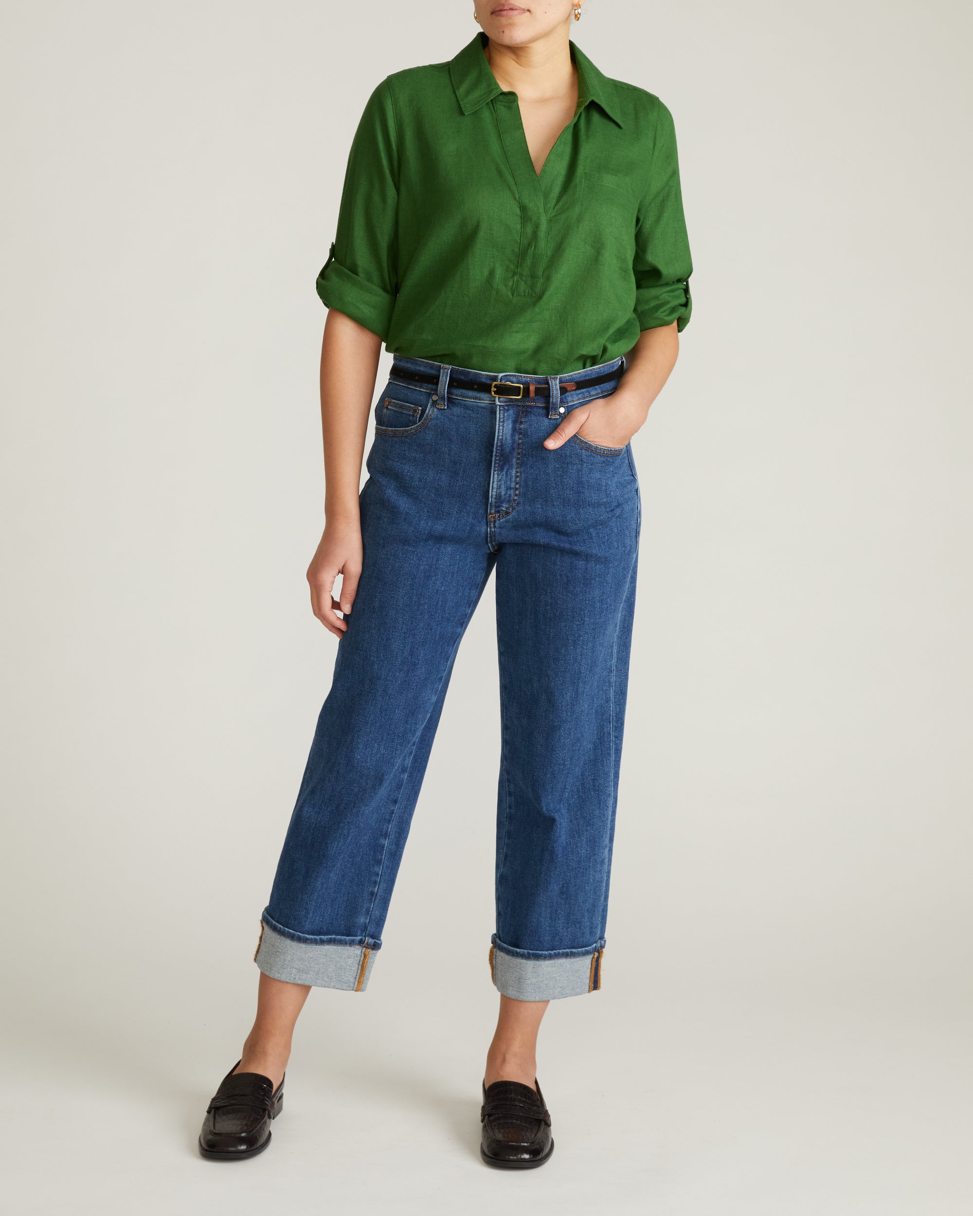 Woman wearing Button Back Linen Polo Shirt - Green Park from Universal Standard