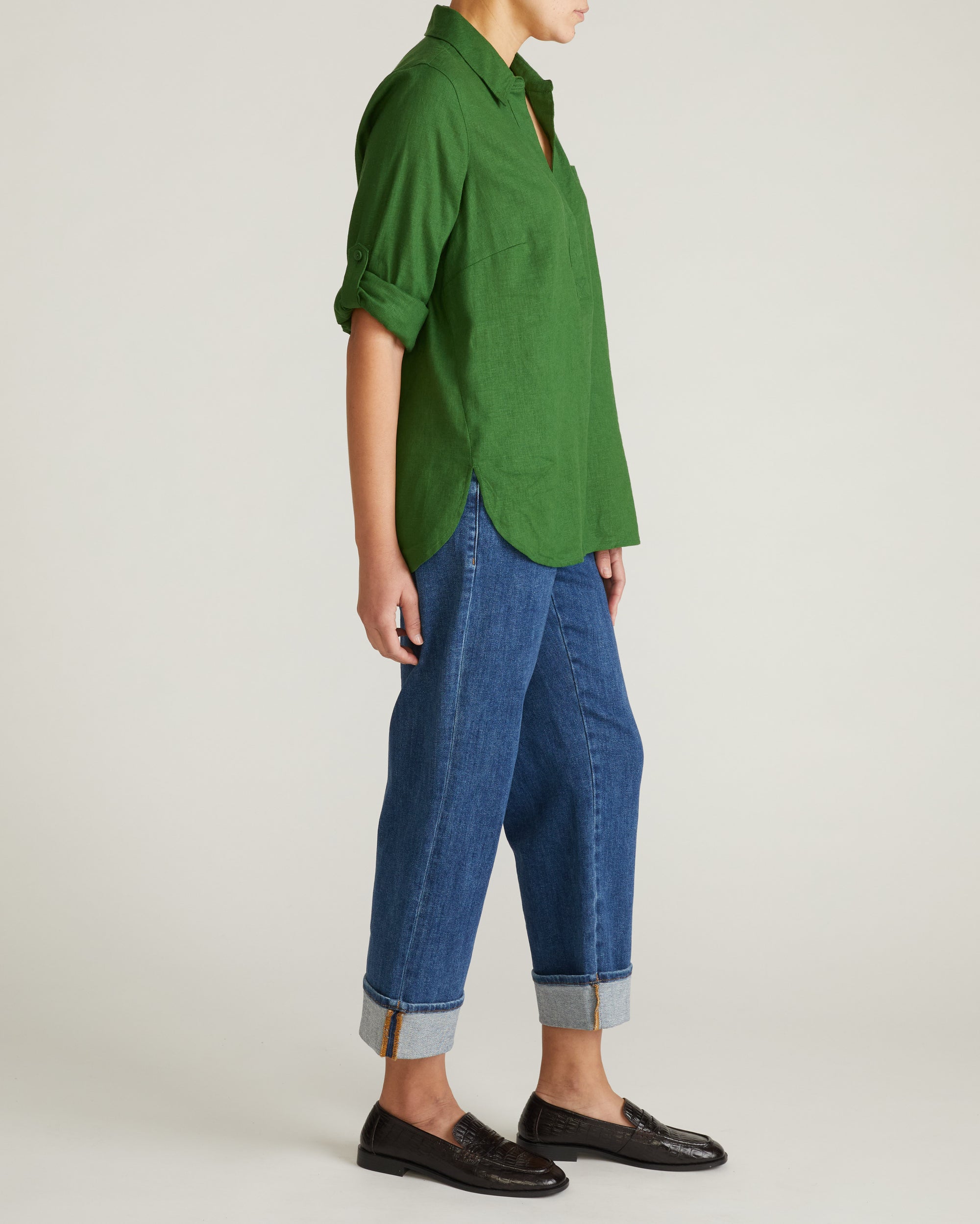 Woman wearing Button Back Linen Polo Shirt - Green Park from Universal Standard