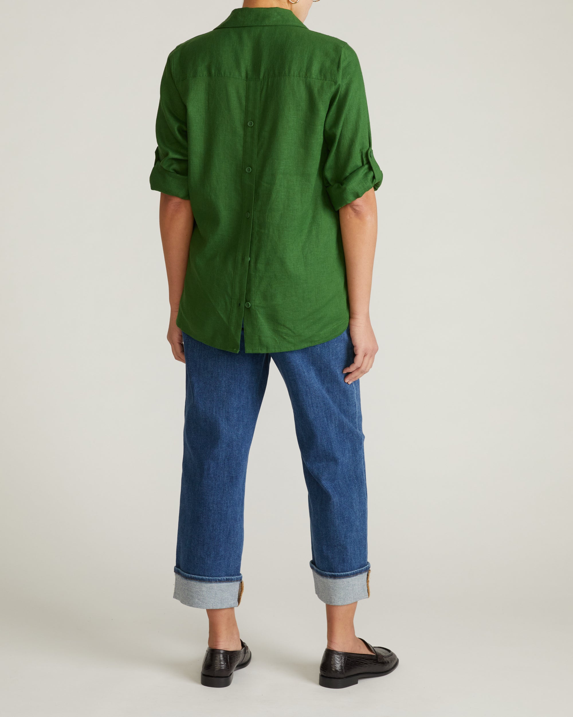 Woman wearing Button Back Linen Polo Shirt - Green Park from Universal Standard