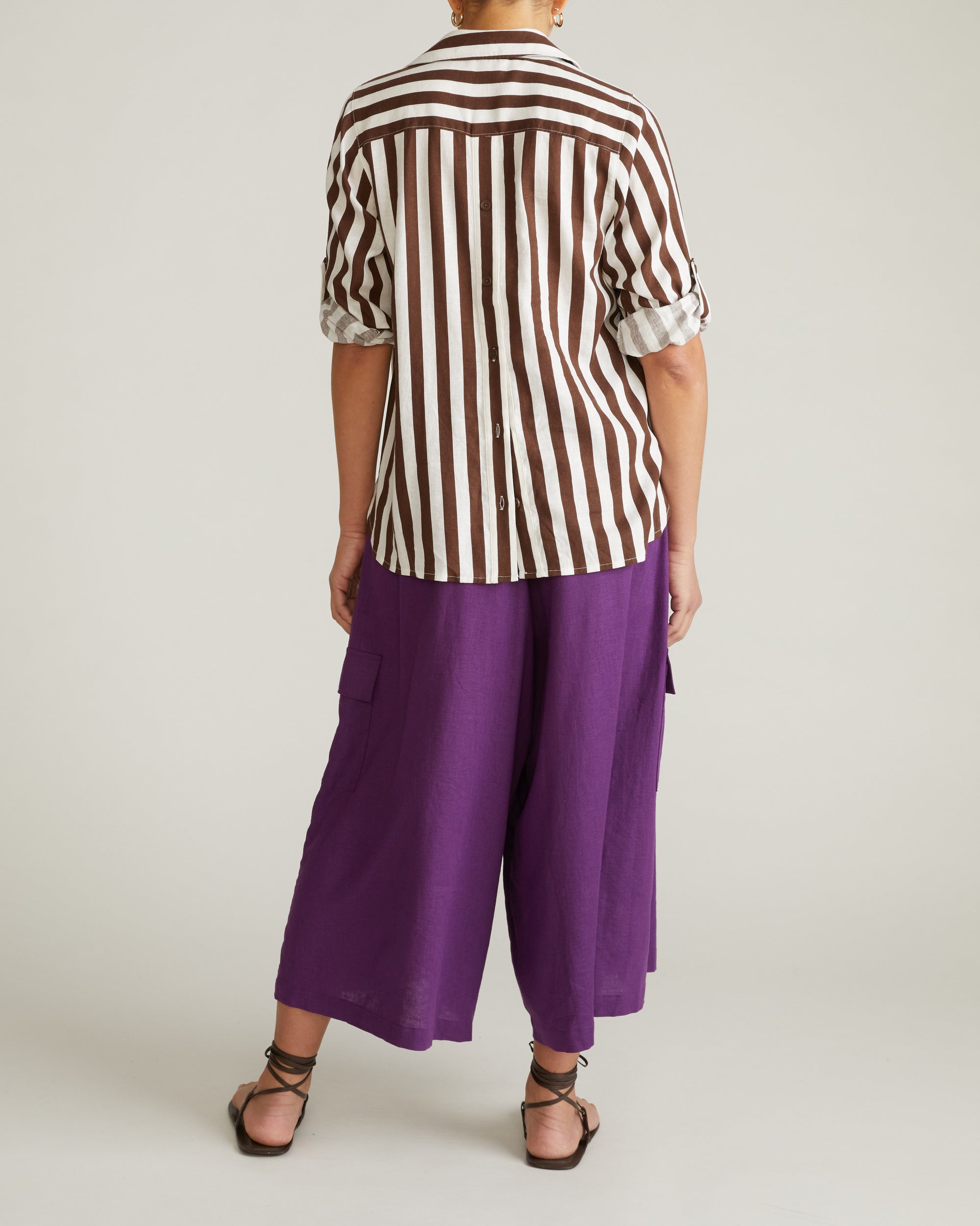 Button Back Linen Blend Polo Shirt - Peppercorn Stripe | Plus Size & Straight Size Women's Fashion | Universal Standard