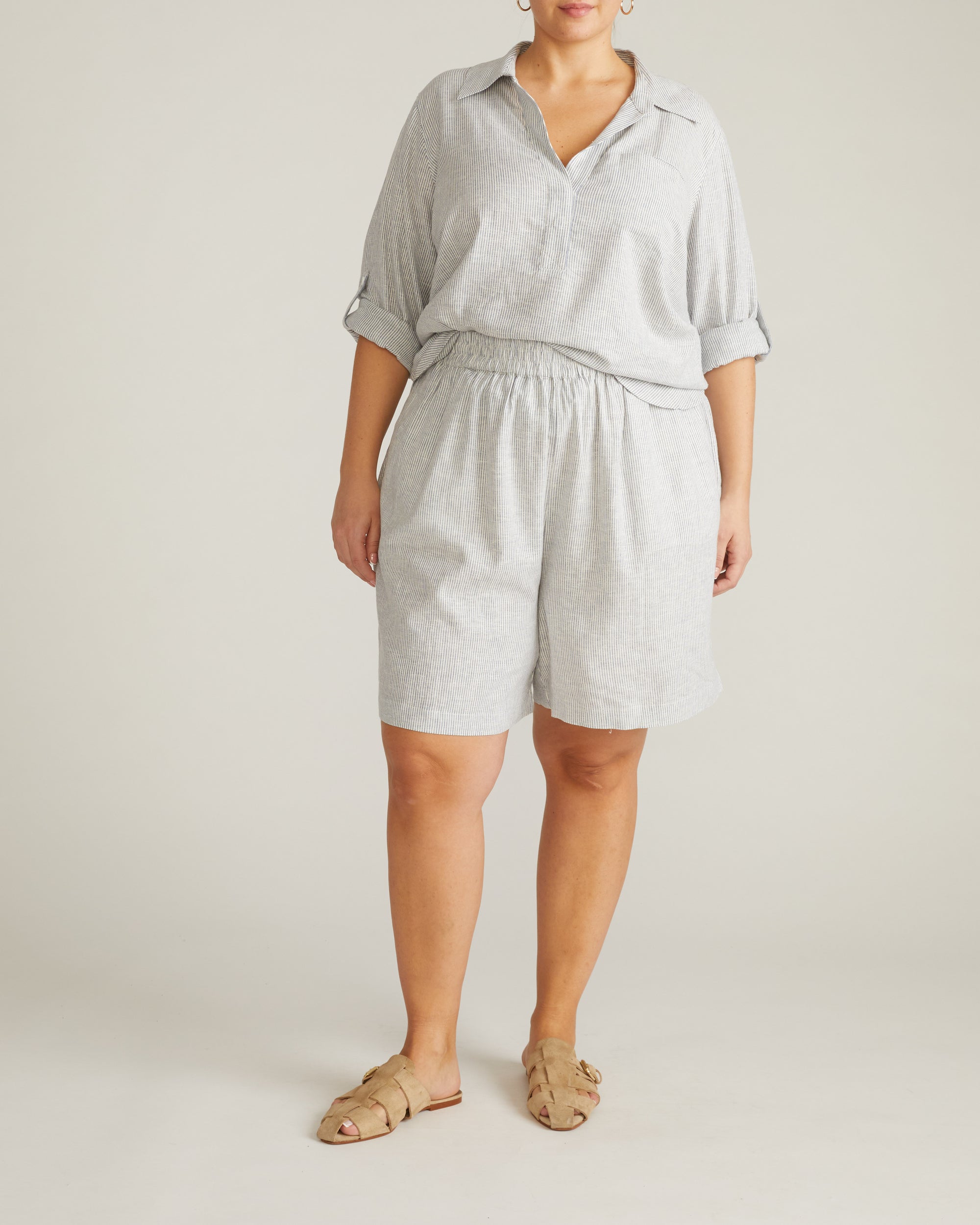 Button Back Linen Blend Polo Shirt - Beach Stripe | Plus Size & Straight Size Women's Fashion | Universal Standard