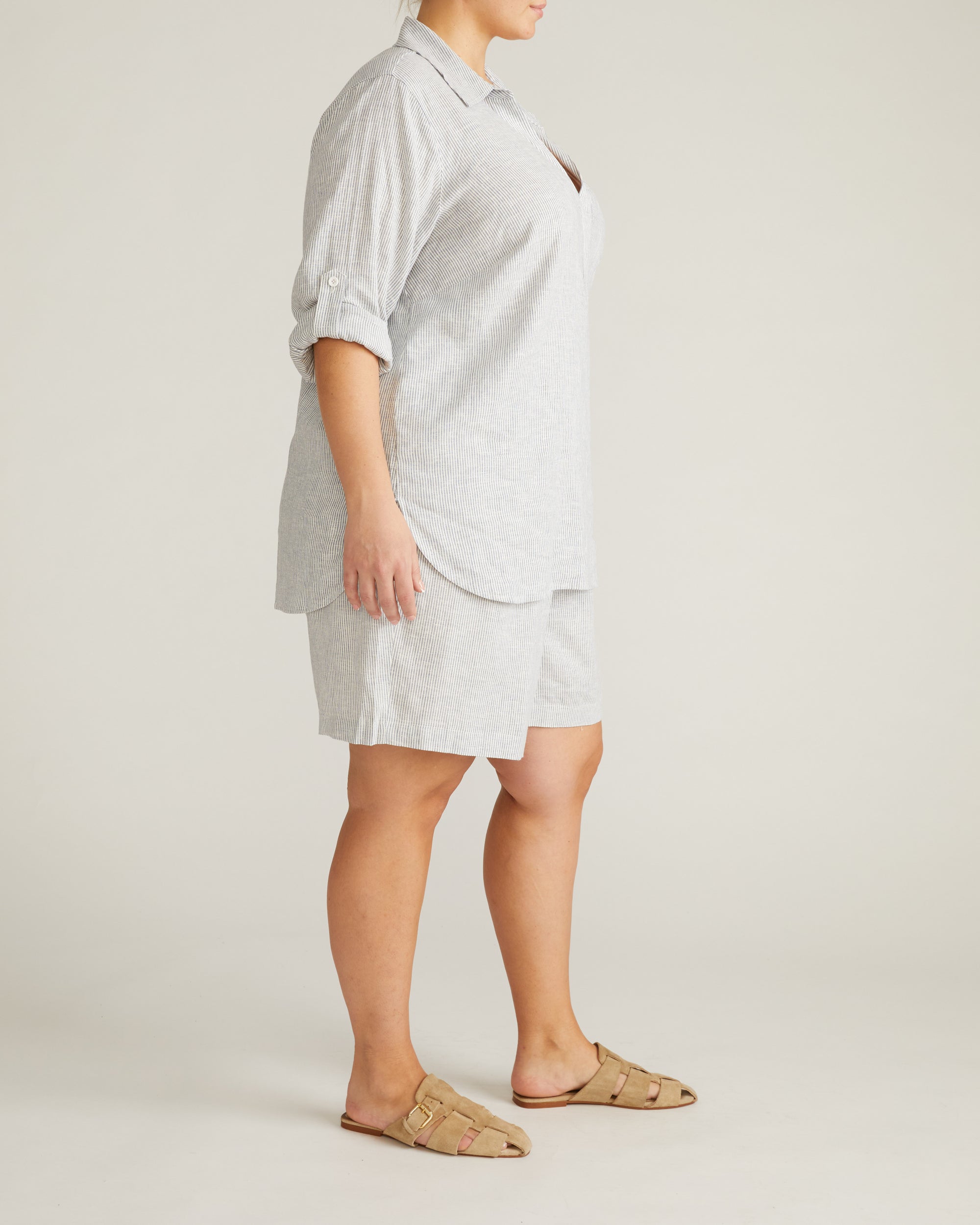 Button Back Linen Blend Polo Shirt - Beach Stripe | Plus Size & Straight Size Women's Fashion | Universal Standard