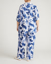 Button Back Linen Blend Polo Shirt - Blue Pressed Flower Print | Plus Size & Straight Size Women's Fashion | Universal Standard