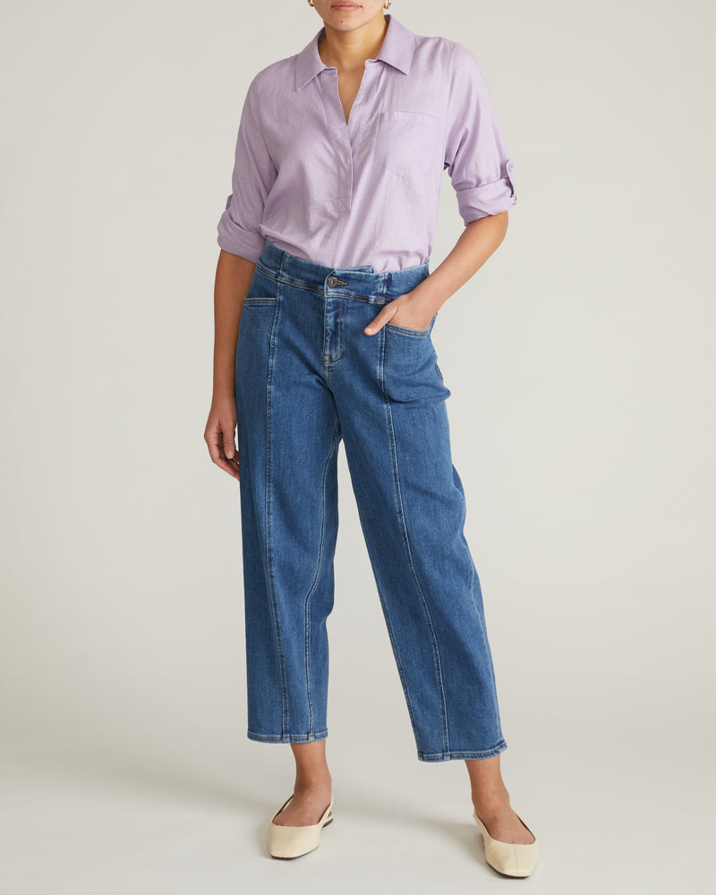 Woman wearing Button Back Linen Polo Shirt - Orchid from Universal Standard