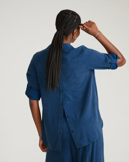 Button Back Stretch Cupro Polo Shirt - Pageant Blue | Plus Size & Straight Size Women's Fashion | Universal Standard