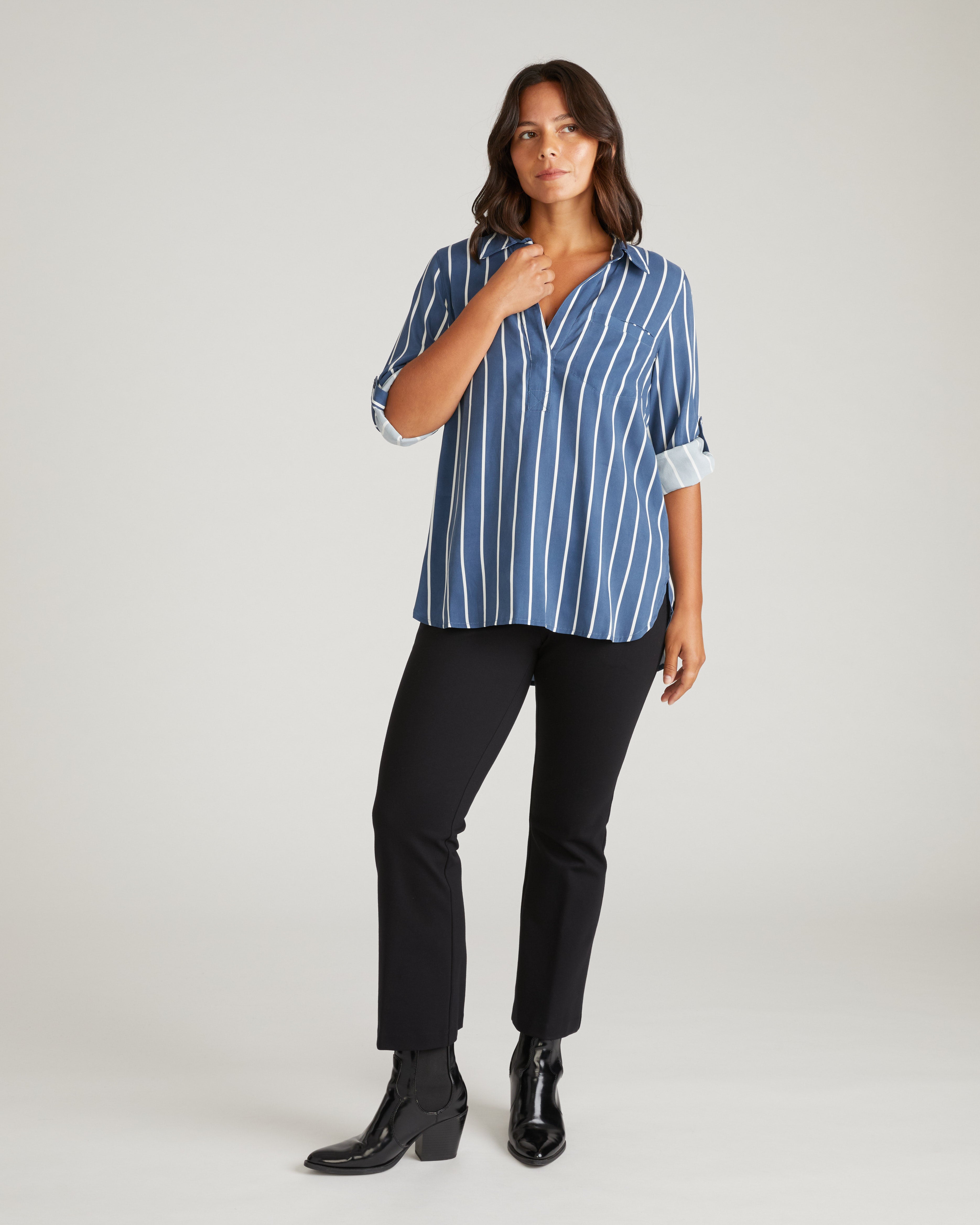 Button Back Stretch Cupro Polo Shirt - Ensign Blue/White Stripe