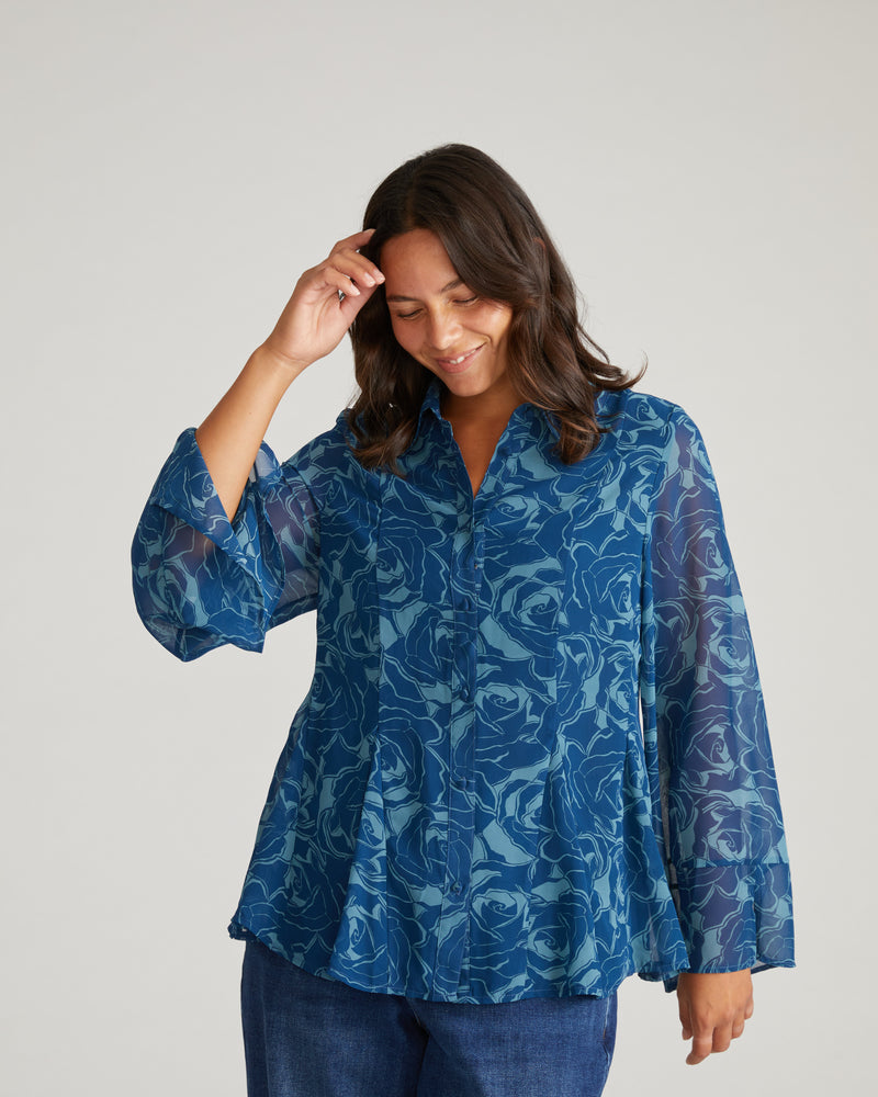 Evie Chiffon Blouse - Rose Print in Deep Teal