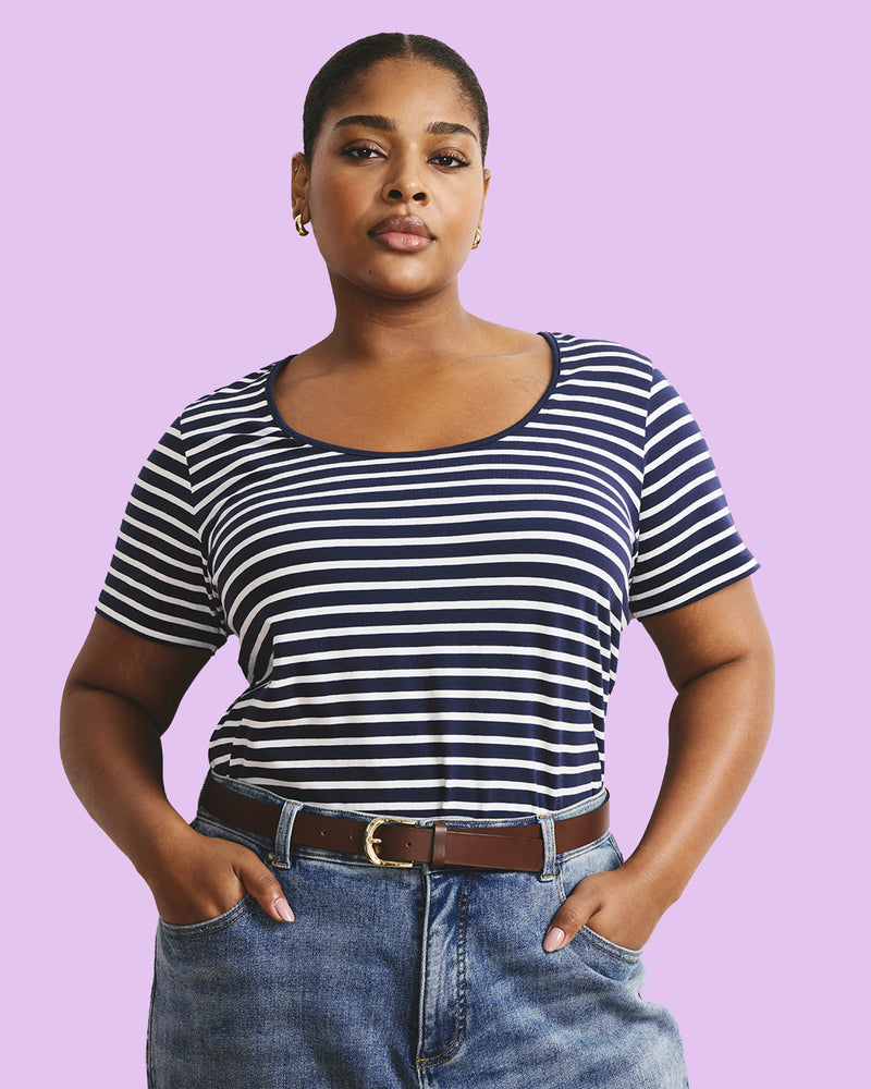 Scoop Neck Tee - Navy/White Stripe
