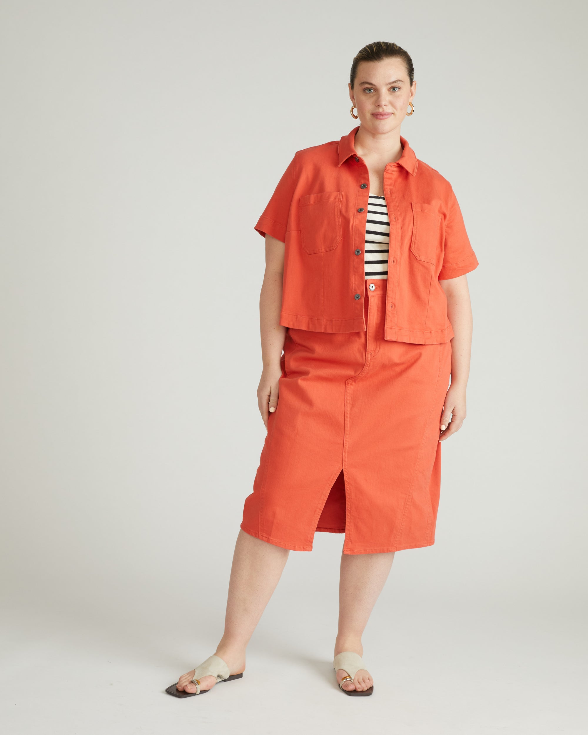 Flynn Short Sleeve Denim Shacket - Coral Reef