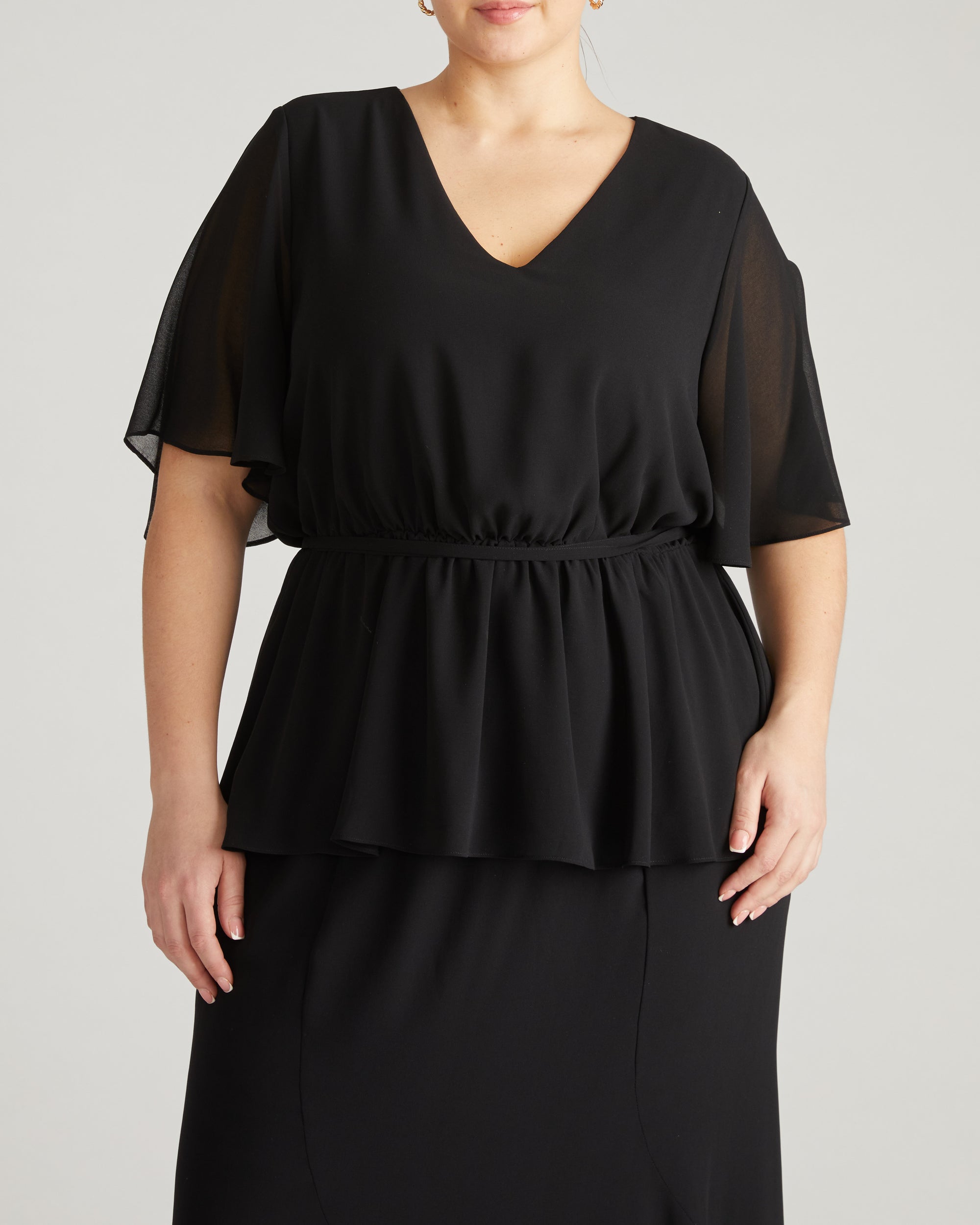 Milou V-Neck Peplum Chiffon Top - Black