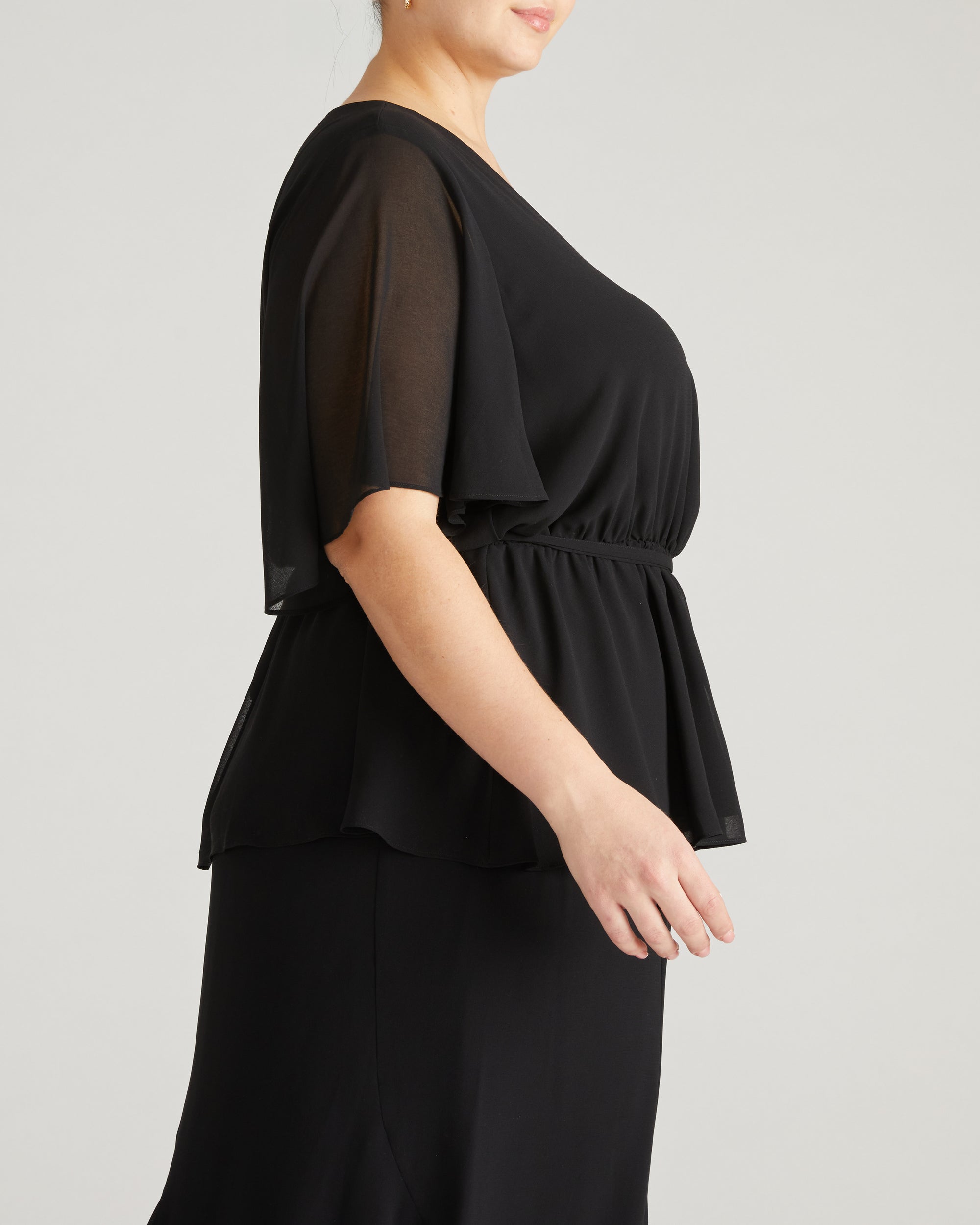 Milou V-Neck Peplum Chiffon Top - Black