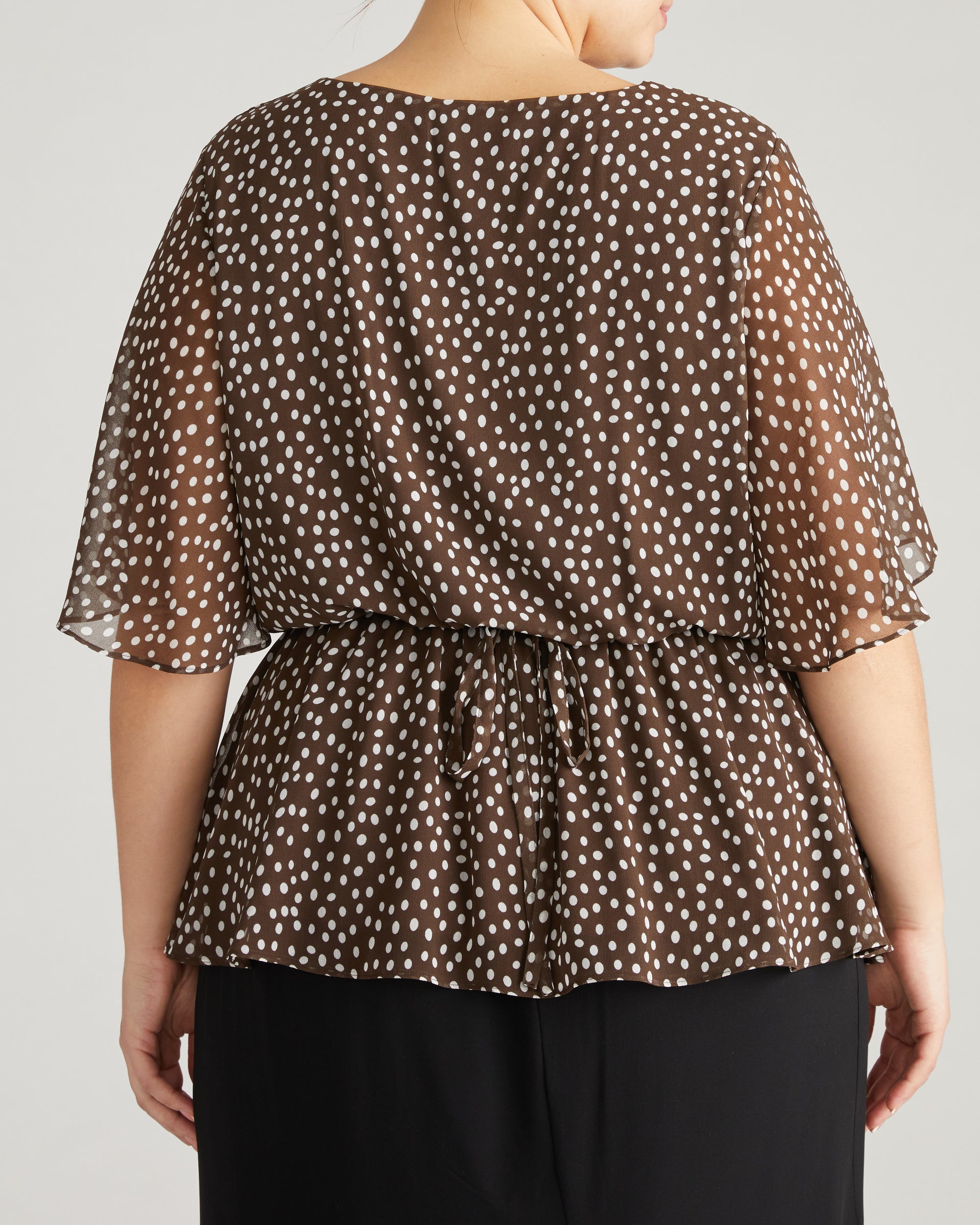 Milou V-Neck Peplum Chiffon Top - Brown/White Dot Print
