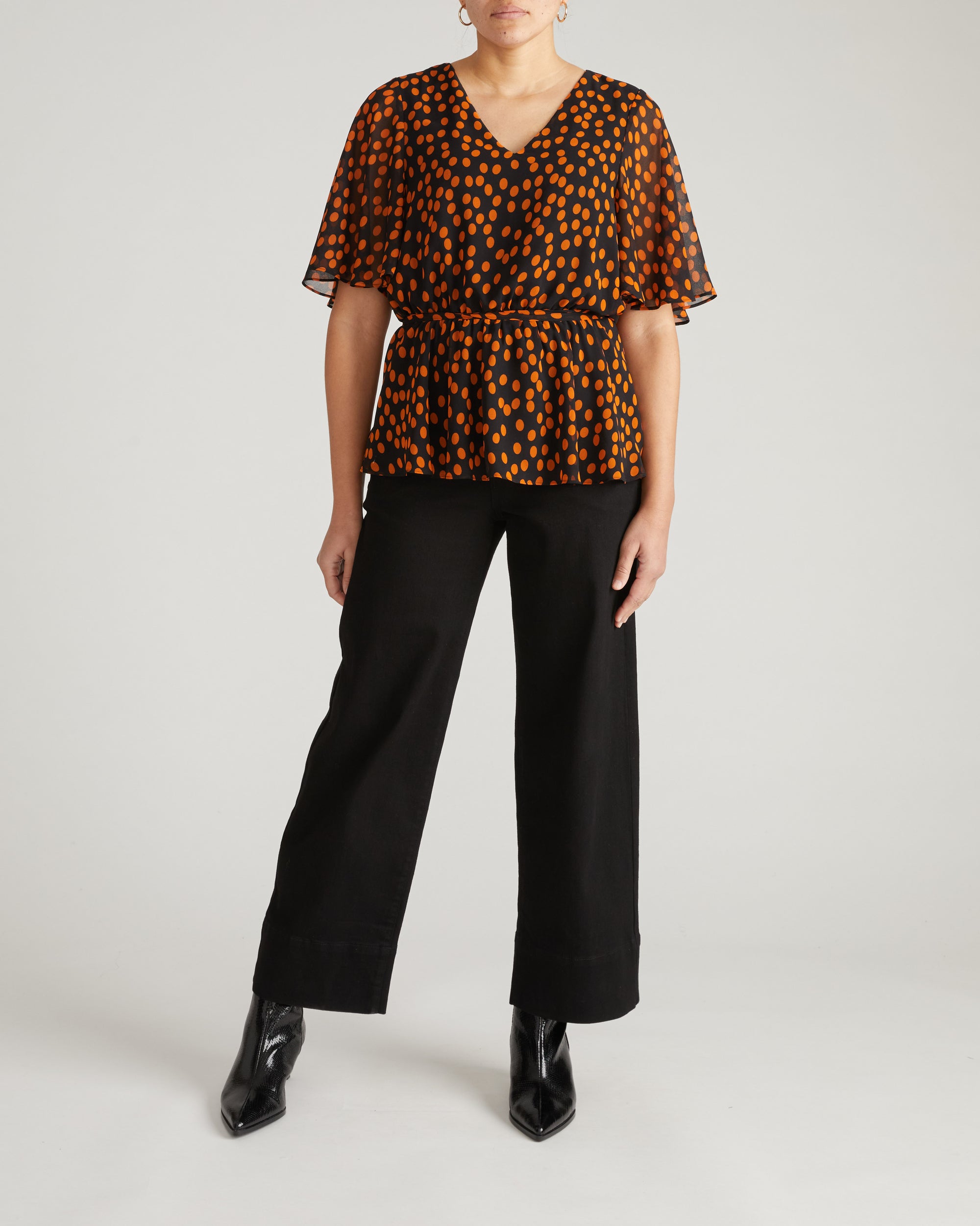 Milou V-Neck Peplum Chiffon Top - Black/Orange Dot Print