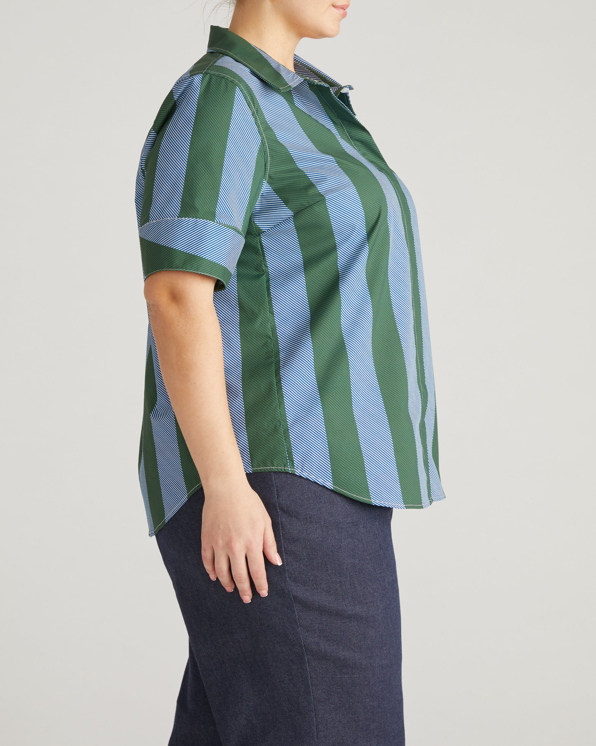 Elbe Stretch Poplin Short Sleeve Shirt - Green/Blue Directional Stripe