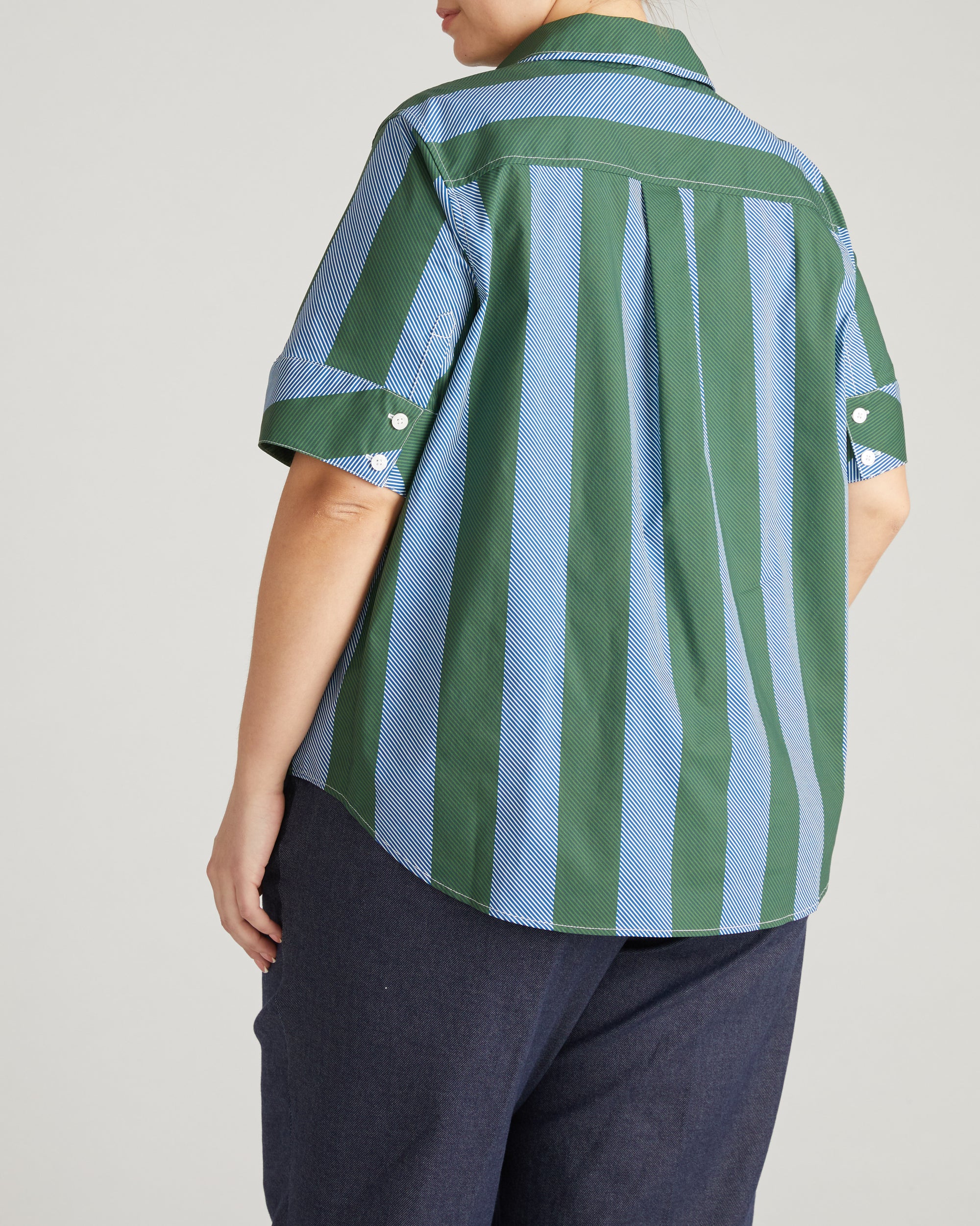 Elbe Stretch Poplin Short Sleeve Shirt - Green/Blue Directional Stripe