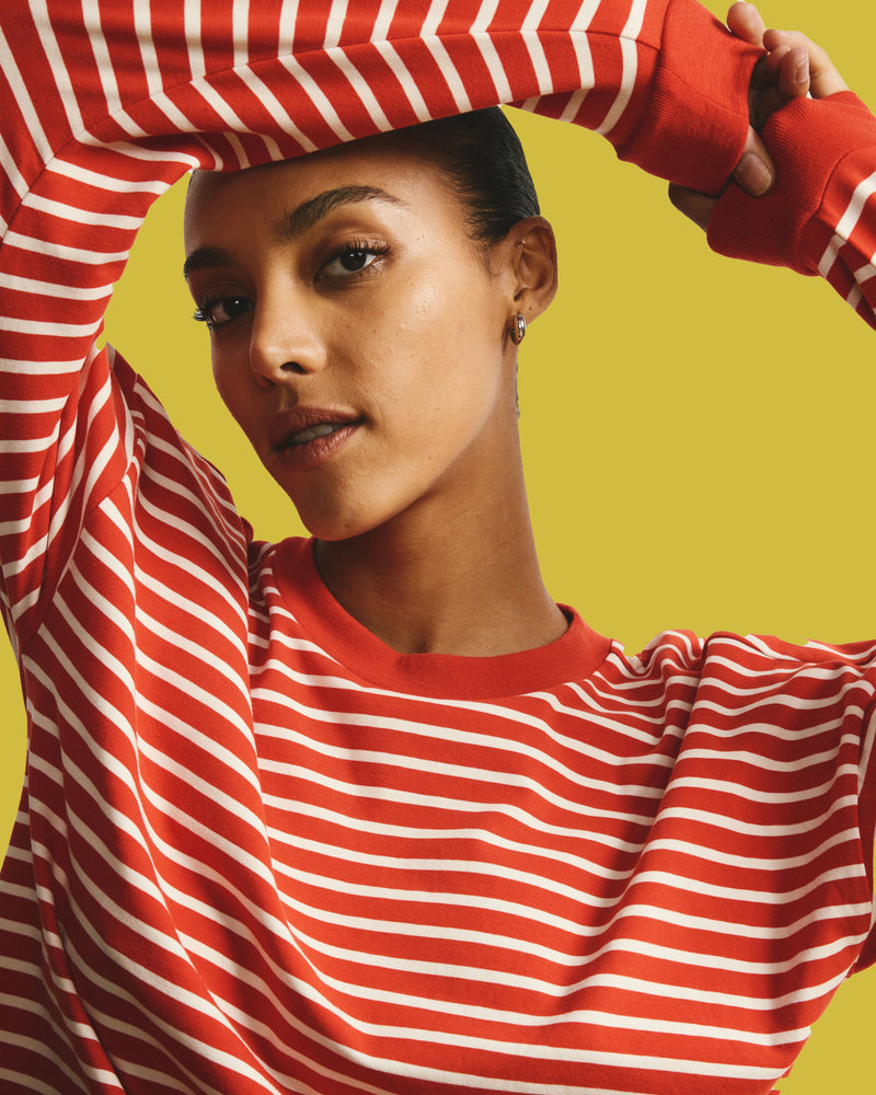 Long Sleeve Relaxed Tee - Poppy/Ecru Stripe