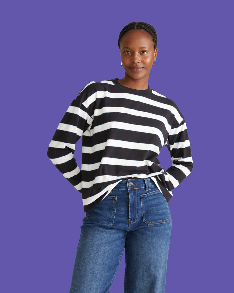 Long Sleeve Relaxed Tee - Black/White Stripe with Aqua Edge