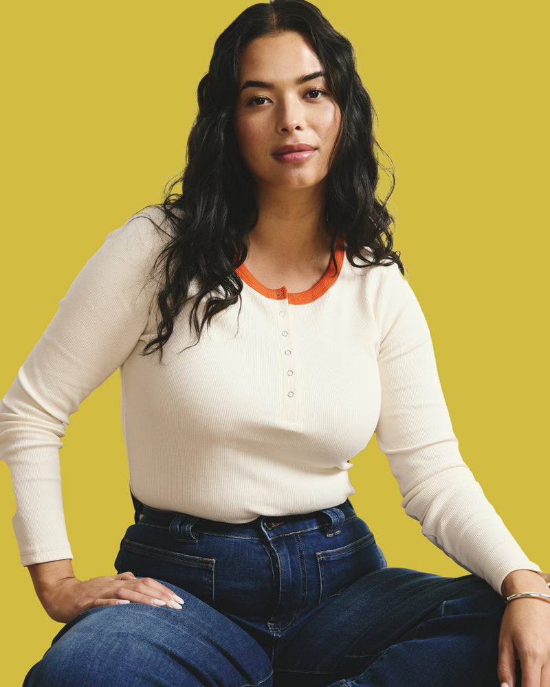 Henley Long Sleeve Ribbed Tee - Chamomile/Poppy Trim