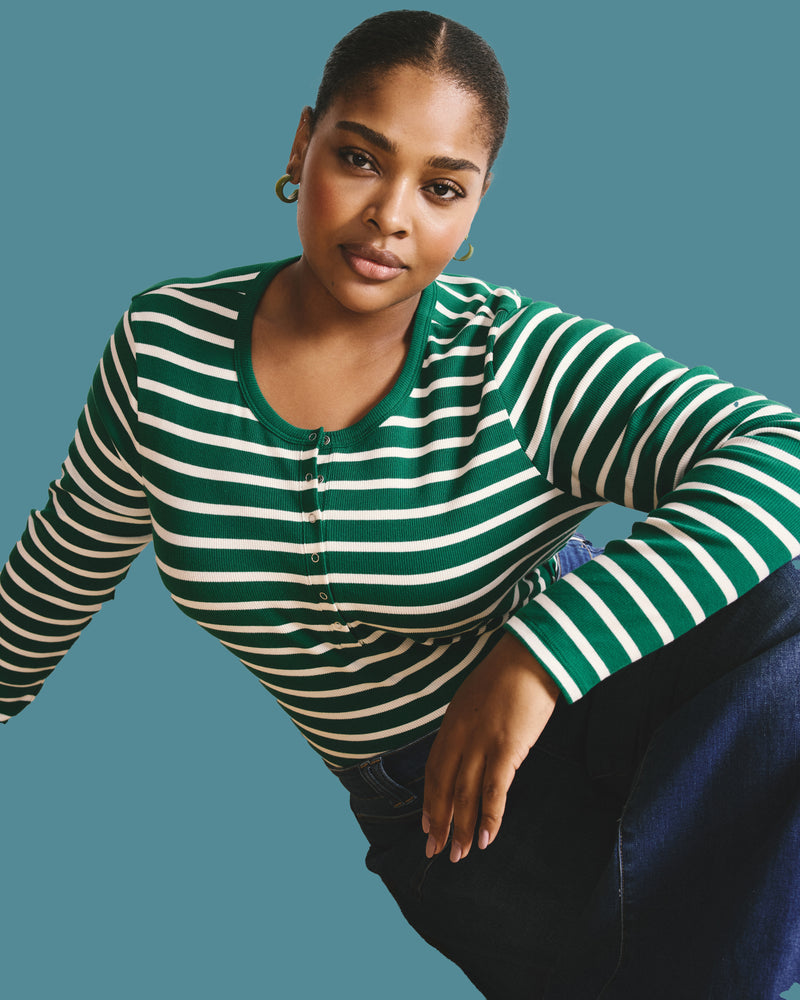 Henley Long Sleeve Ribbed Tee - Aventurine/Ecru Stripe