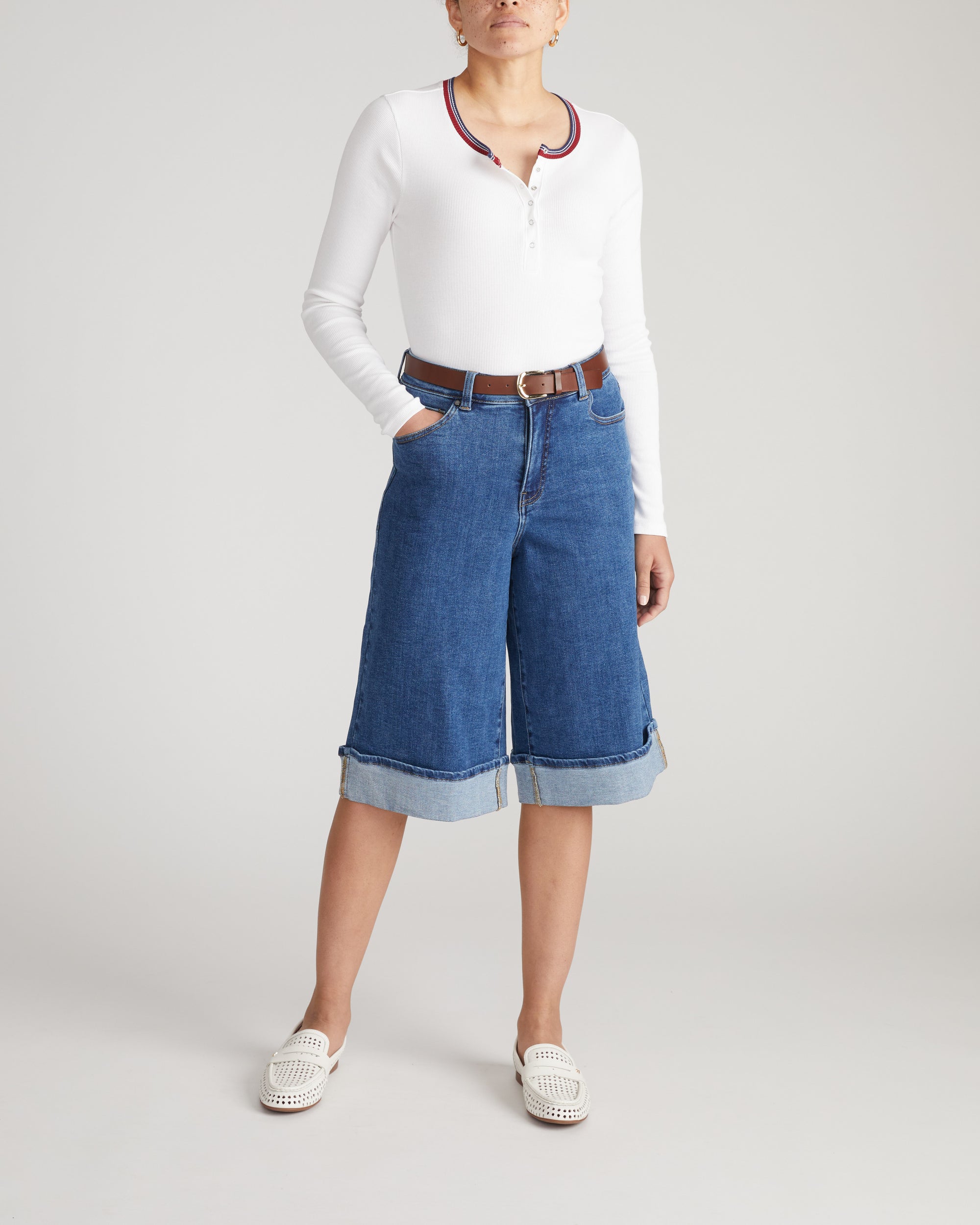Henley Long Sleeve Ribbed Tee - White/Striped Trim | Plus Size & Straight Size Women's Fashion | Universal Standard