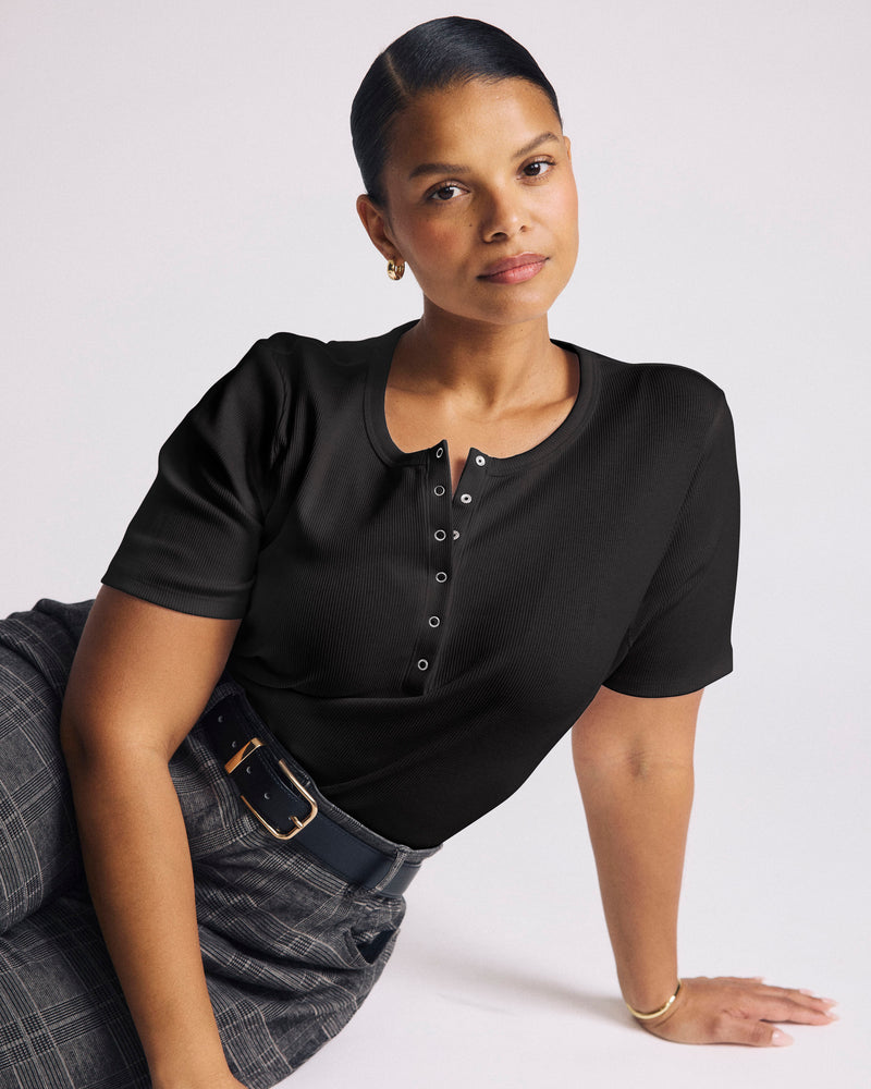 Woman wearing Henley Short Sleeve Ribbed Tee - Black from Universal Standard
