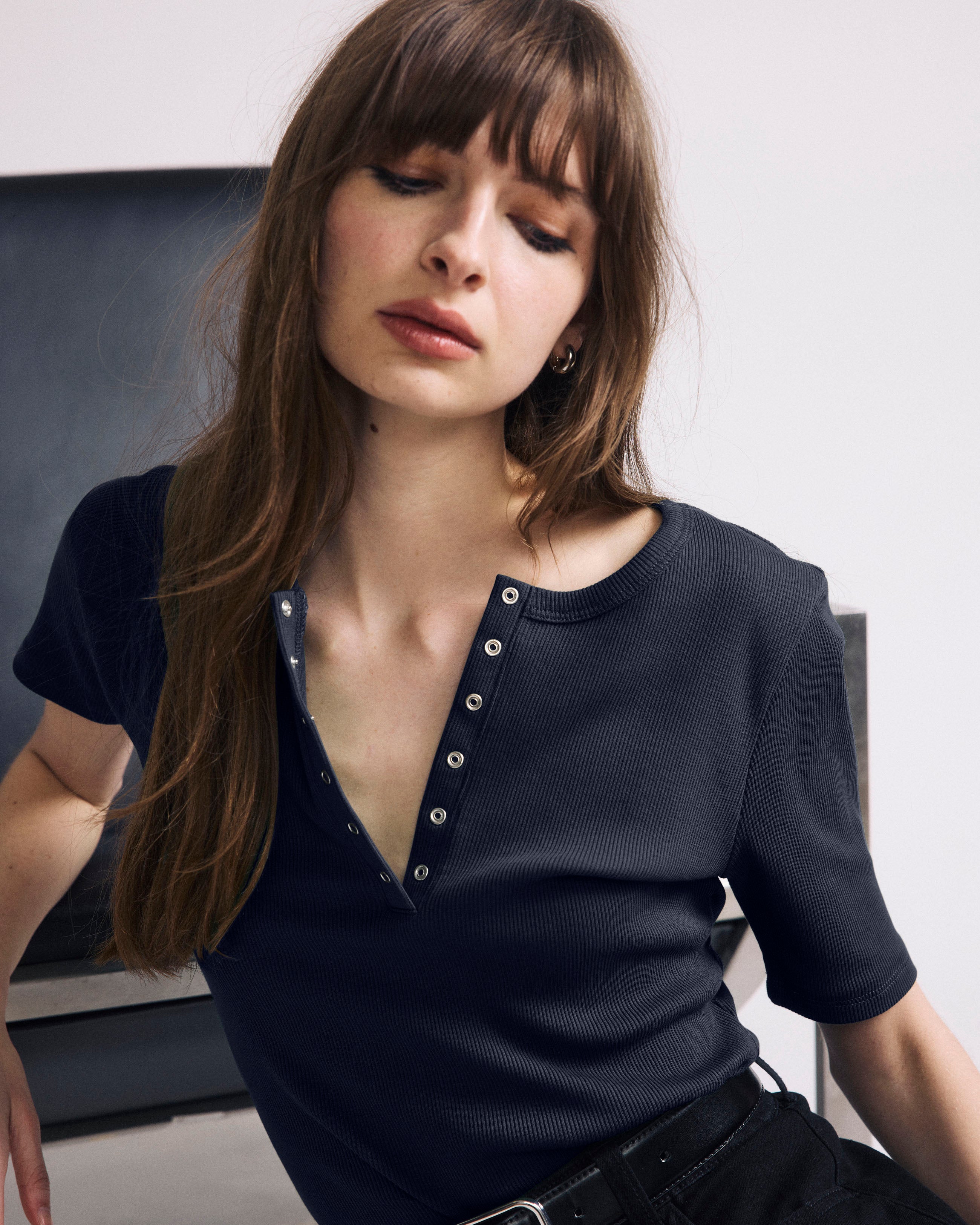 Woman wearing Henley Short Sleeve Ribbed Tee - Navy from Universal Standard