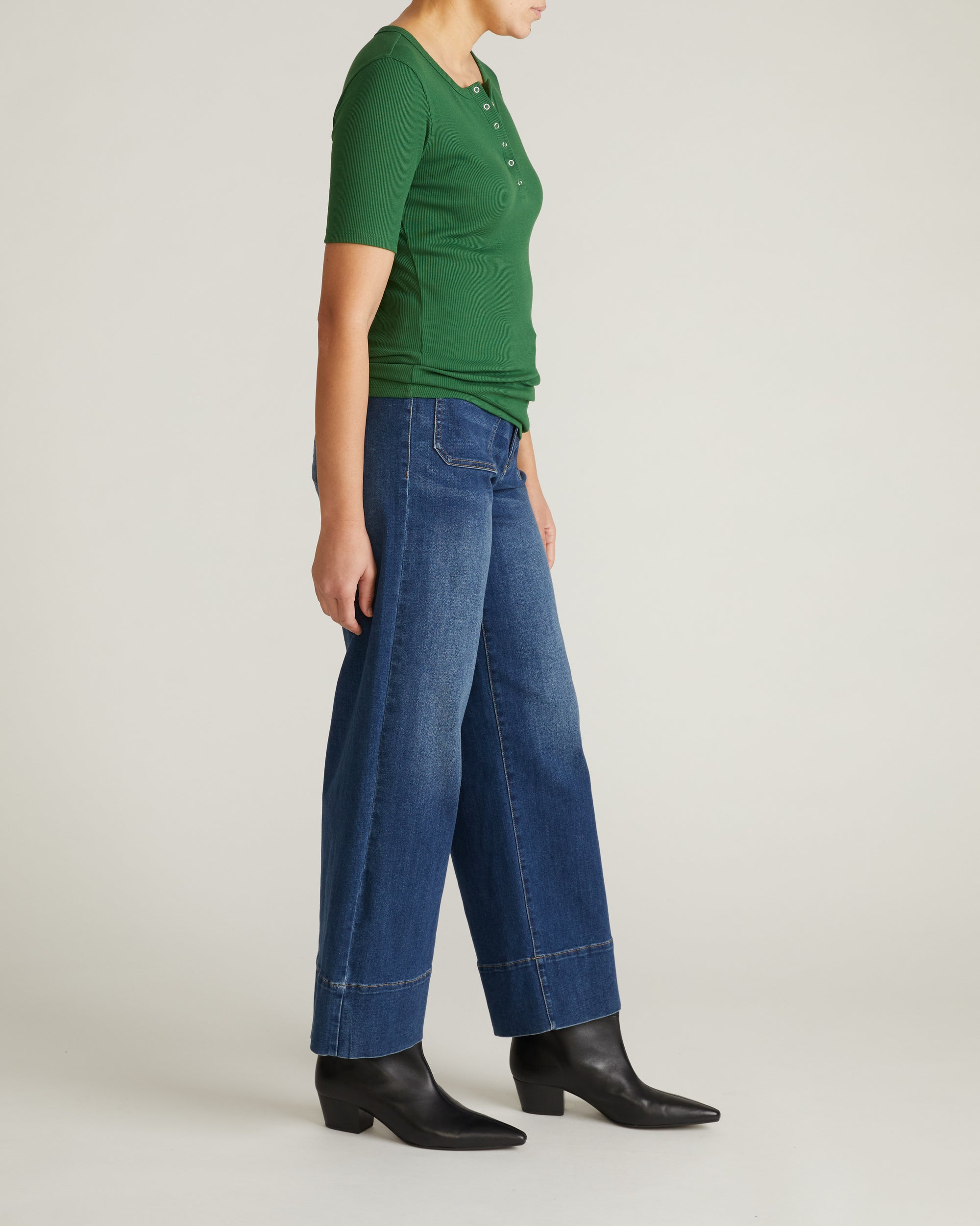 Woman wearing Henley Short Sleeve Ribbed Tee - Green Park from Universal Standard