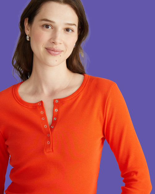 Henley Long Sleeve Ribbed Tee - Poppy