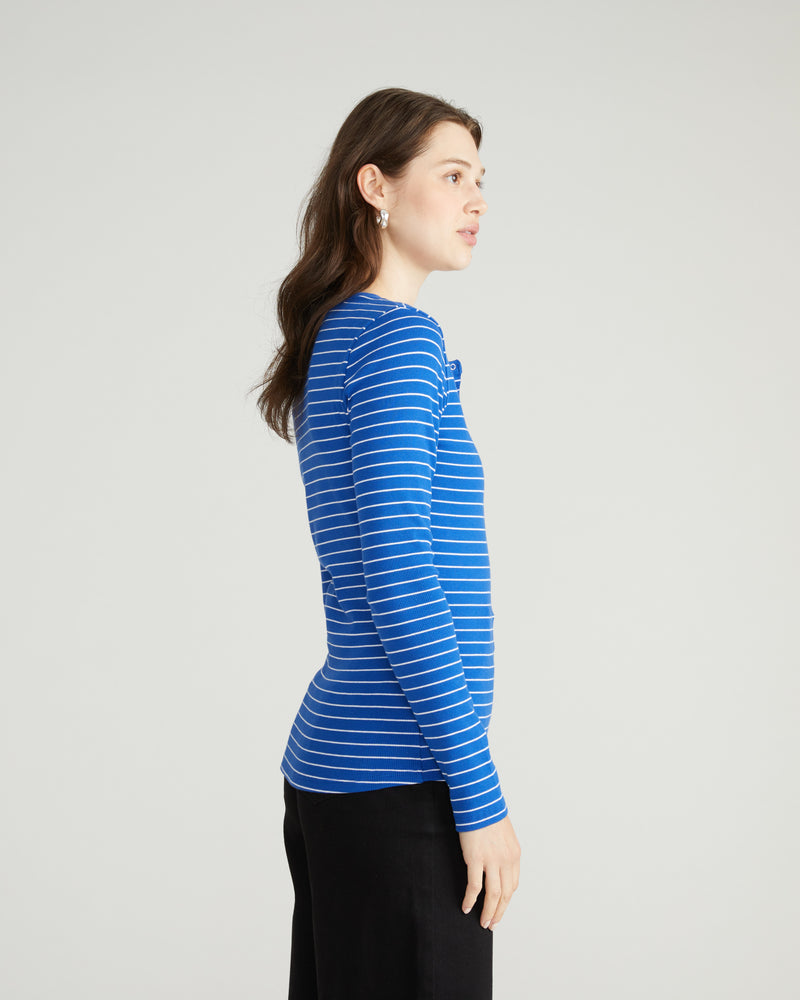Henley Long Sleeve Ribbed Tee - Bright Blue/White Microstripe