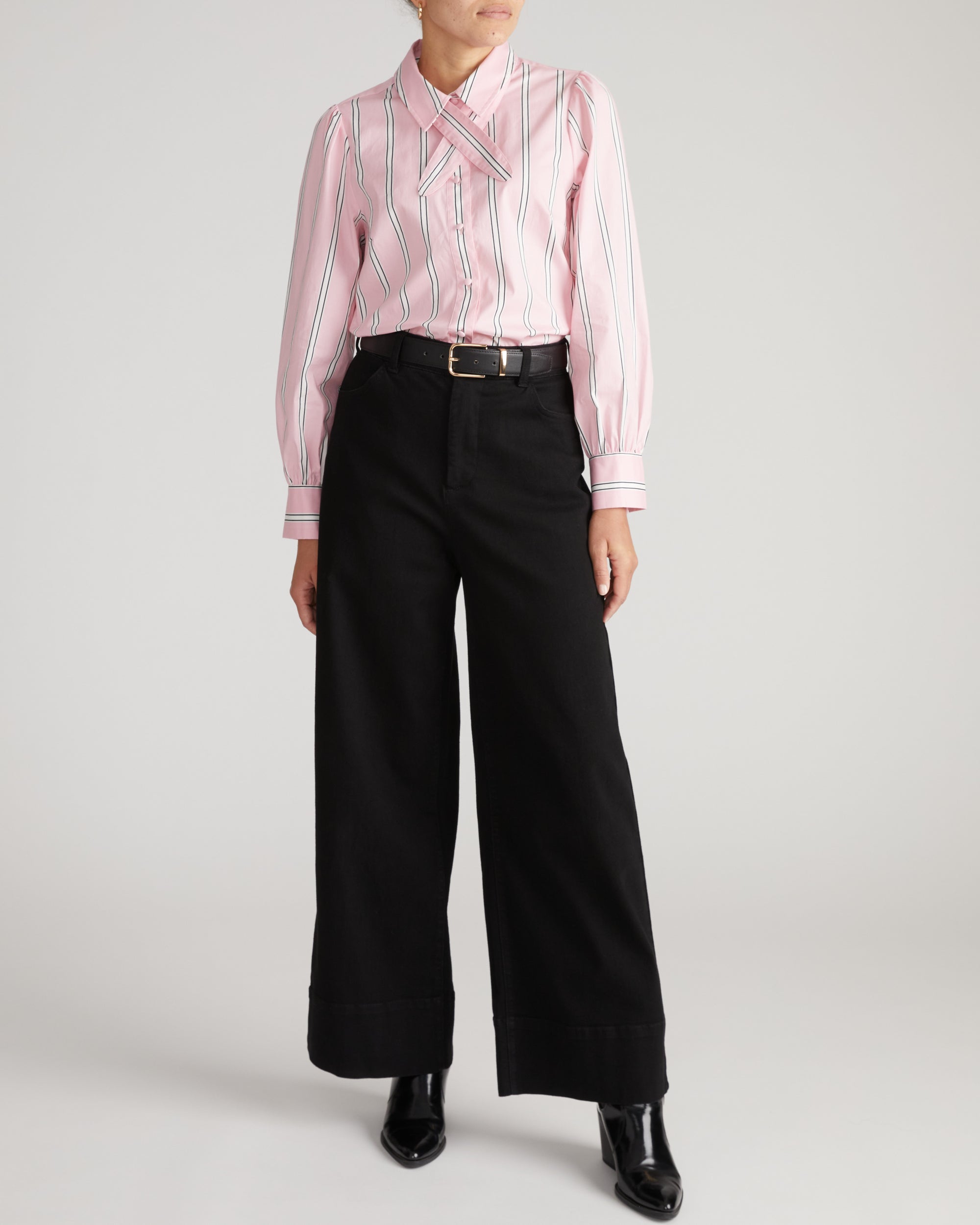 Janet Tie-Neck Cotton Poplin Shirt - Pink Horizon Stripe | Plus Size & Straight Size Women's Fashion | Universal Standard
