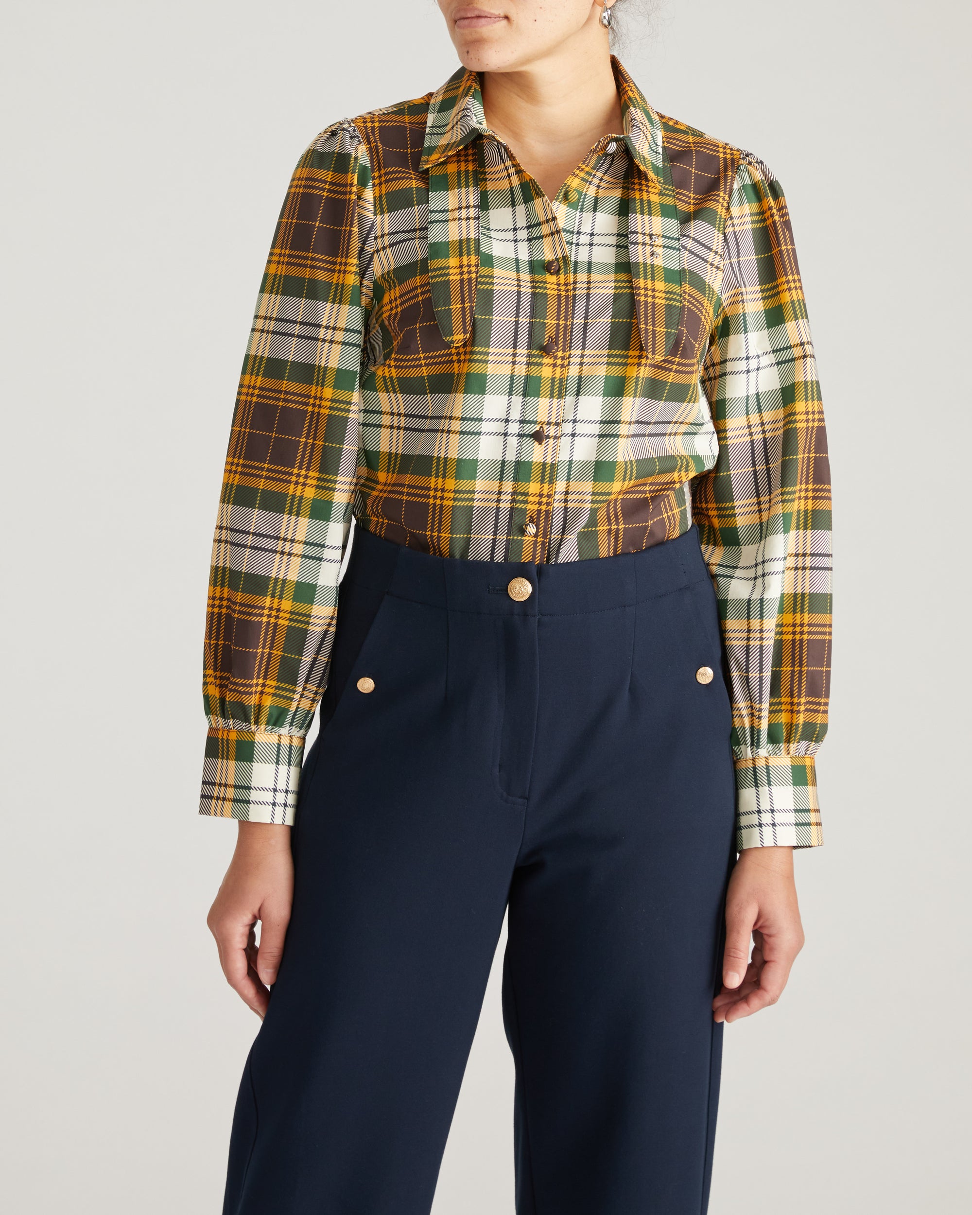 Janet Tie-Neck Cotton Poplin Shirt - Brown Plaid