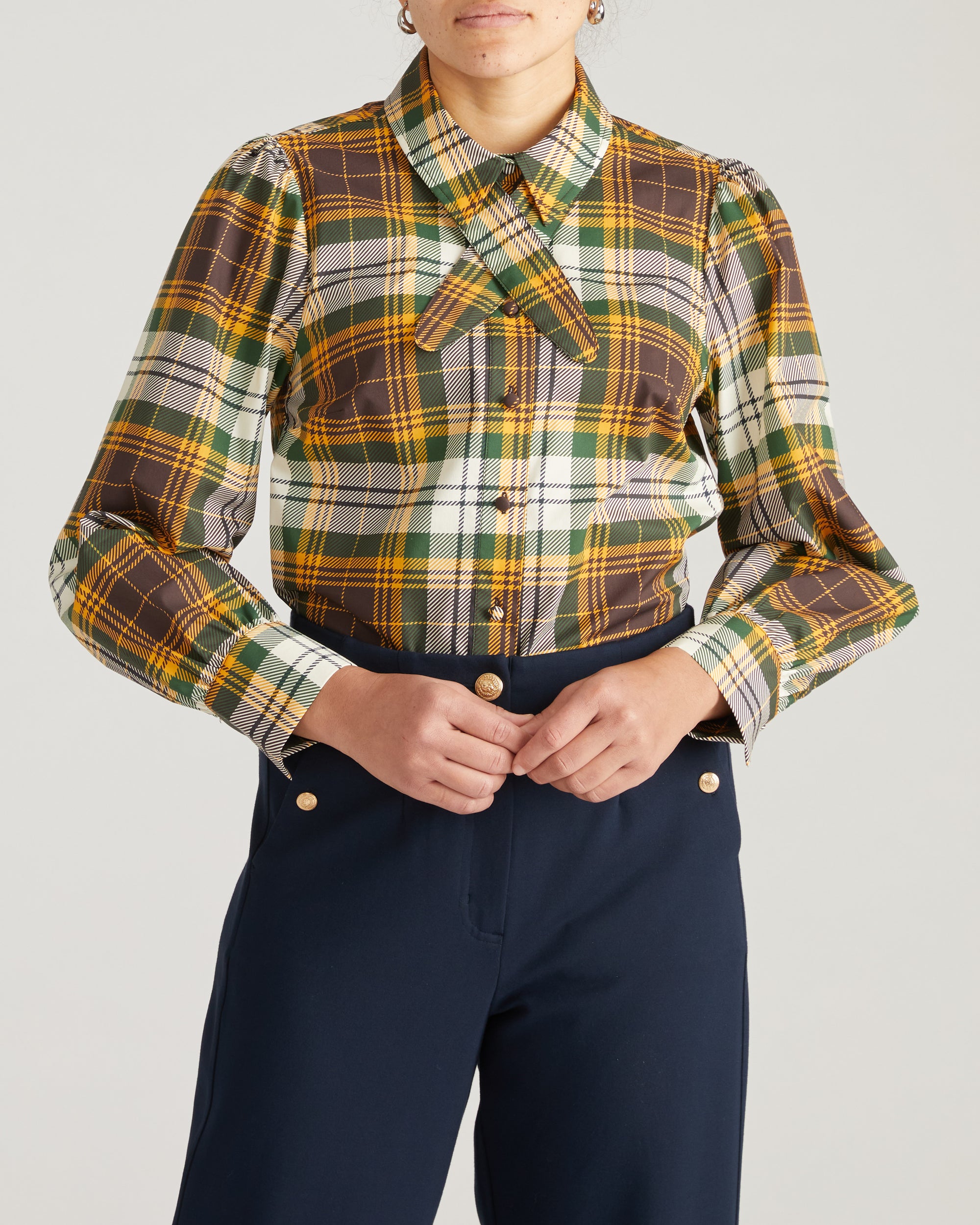 Janet Tie-Neck Cotton Poplin Shirt - Brown Plaid