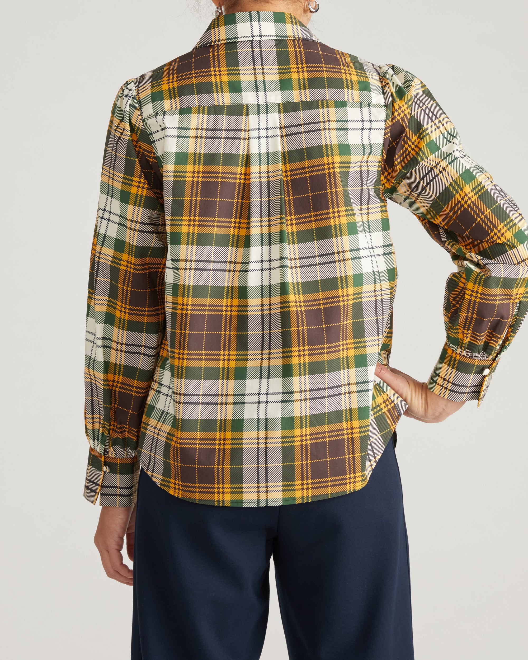 Janet Tie-Neck Cotton Poplin Shirt - Brown Plaid