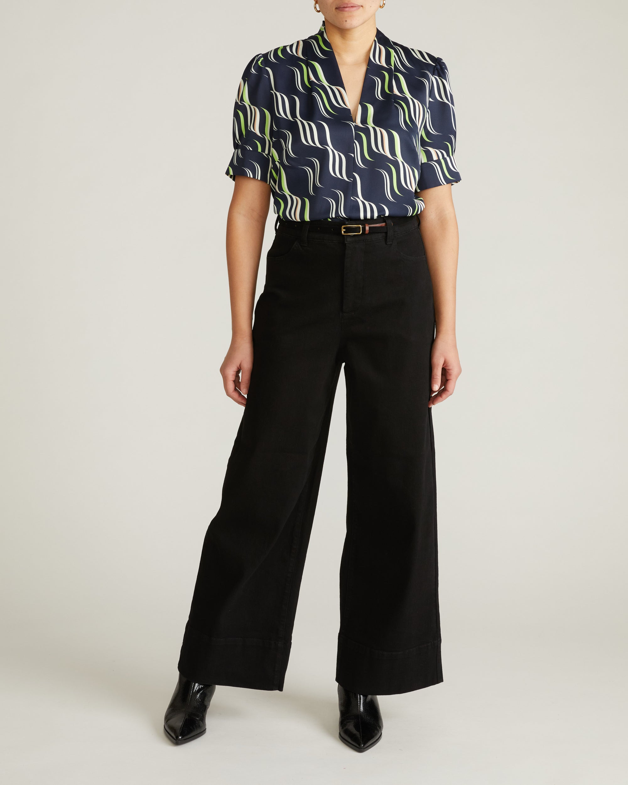 Woman wearing Beatrice Soft Satin Top - Paddington Ribbon Print from Universal Standard