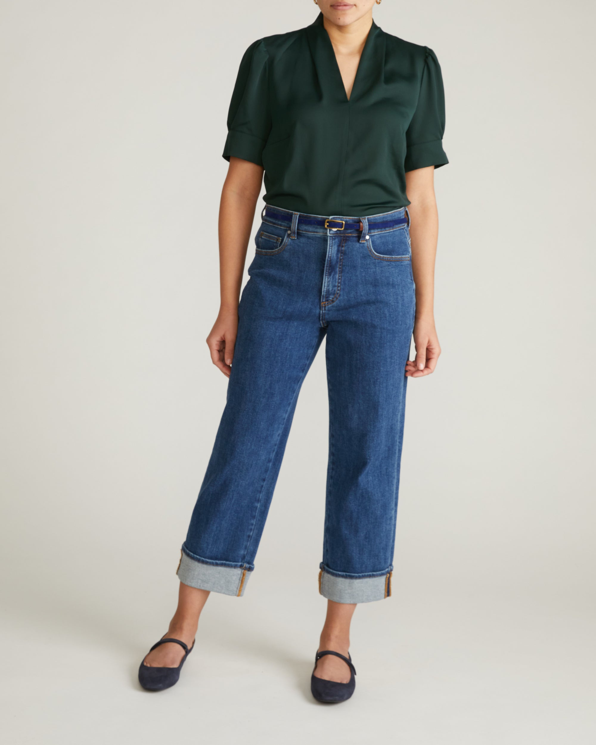 Woman wearing Beatrice Soft Satin Top - Forest Green from Universal Standard