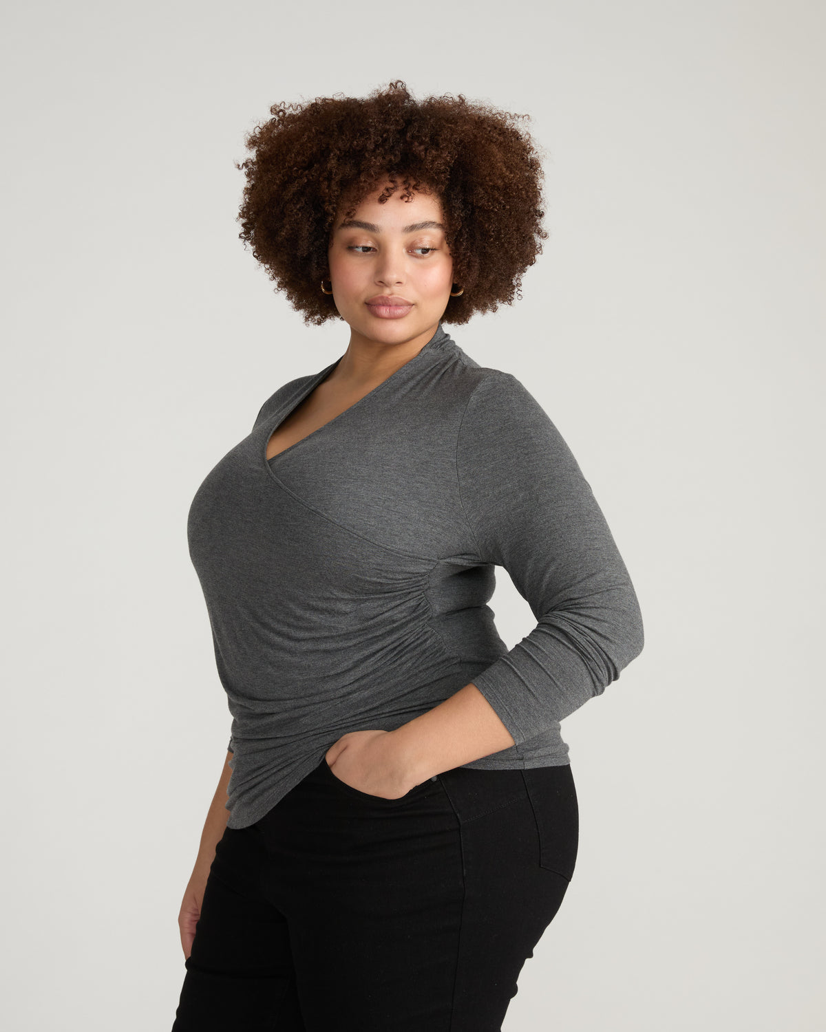 Tau Wrap Neck Liquid Jersey Top - Dark Gray Heather