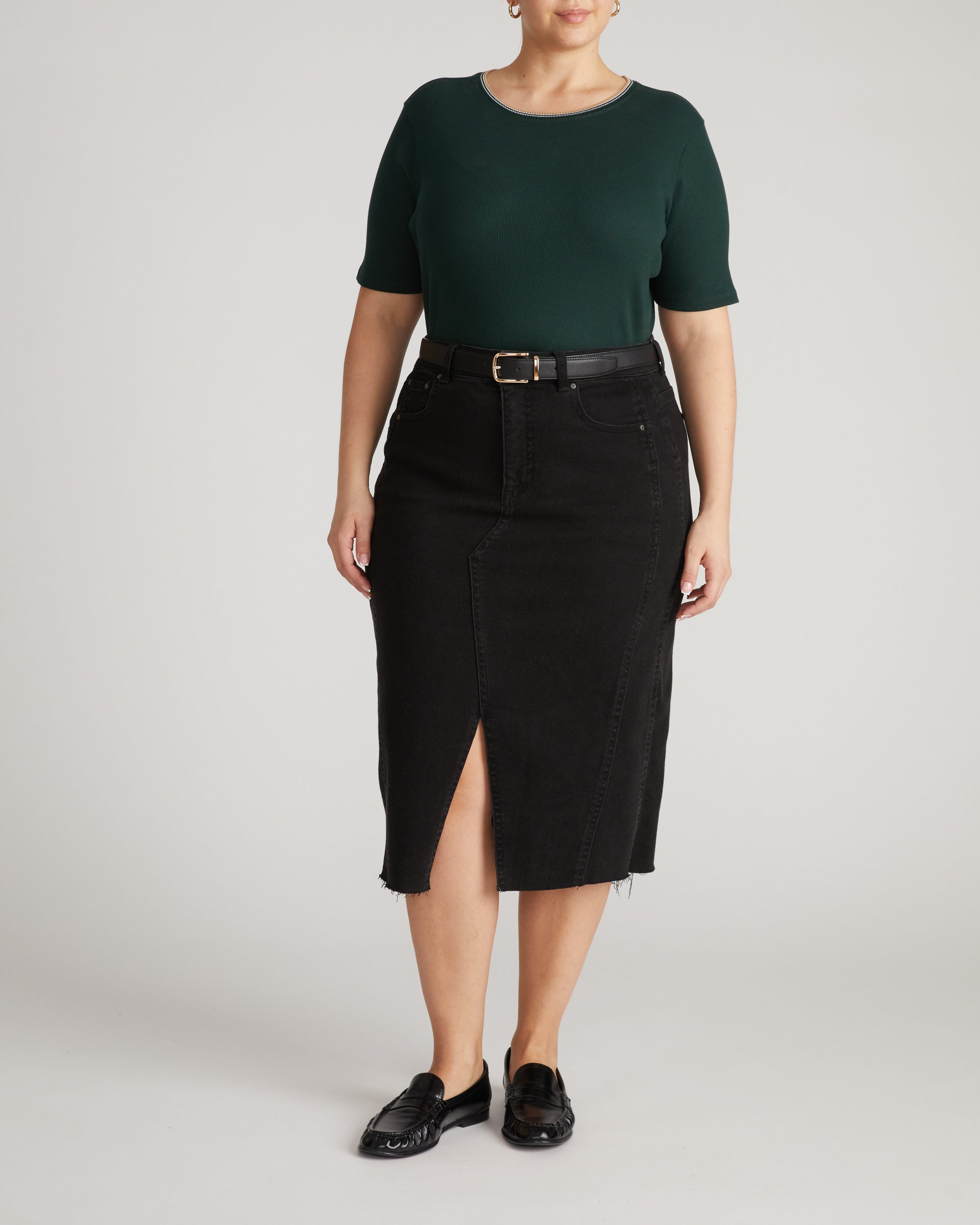 Classic Ribbed Tee - Forest Green/Striped Trim | Plus Size & Straight Size Women's Fashion | Universal Standard