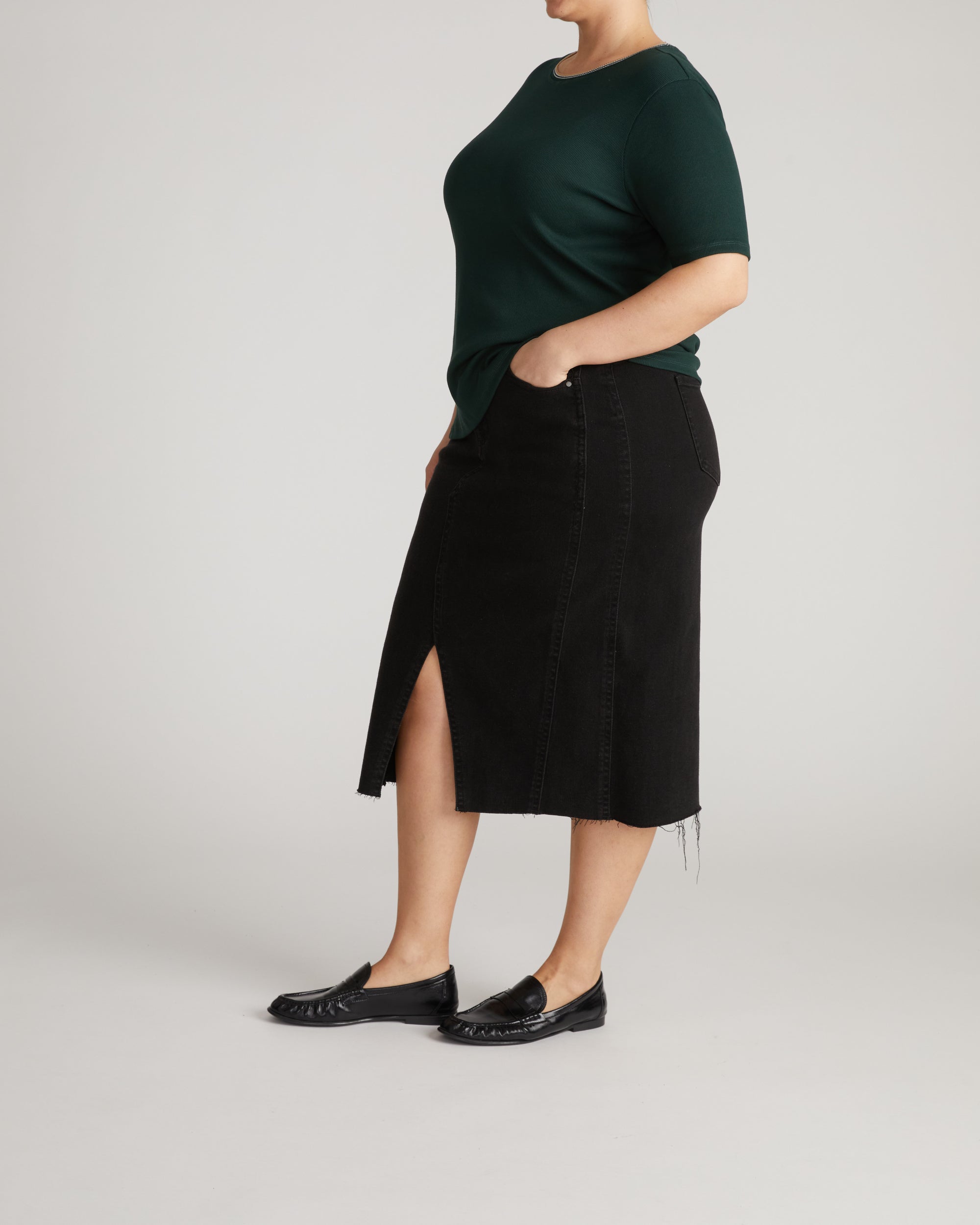 Classic Ribbed Tee - Forest Green/Striped Trim | Plus Size & Straight Size Women's Fashion | Universal Standard