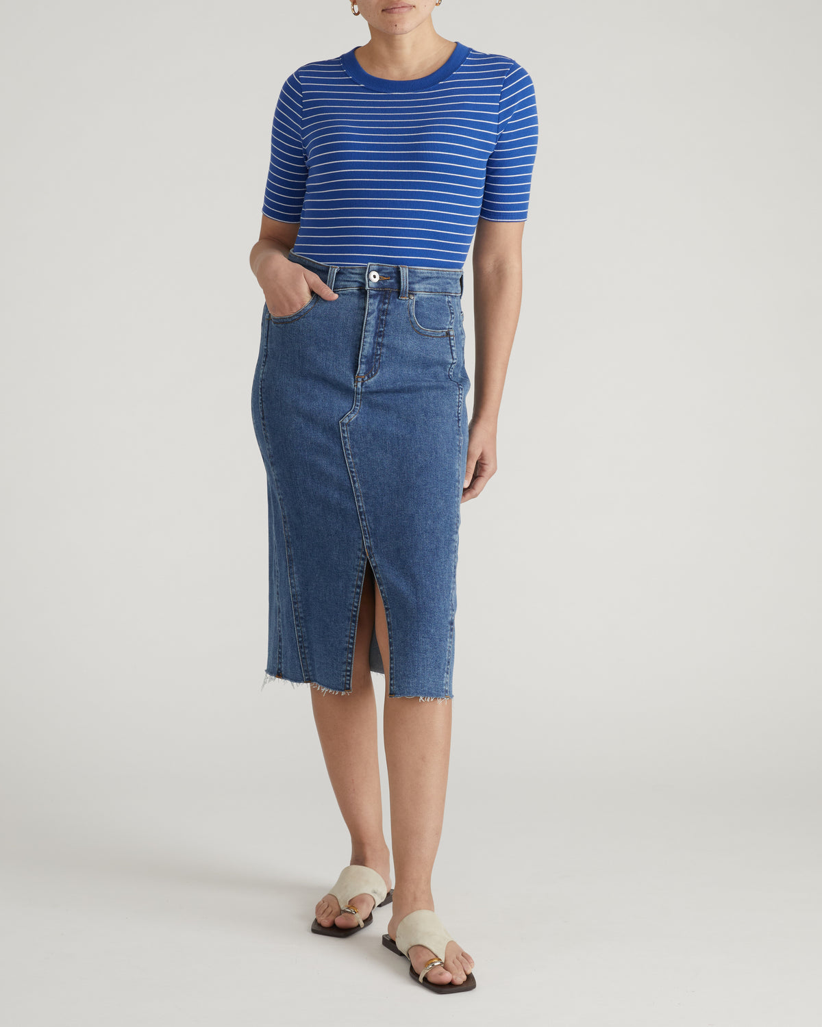 Classic Ribbed Tee - Bright Blue/White Microstripe | Plus Size & Straight Size Women's Fashion | Universal Standard