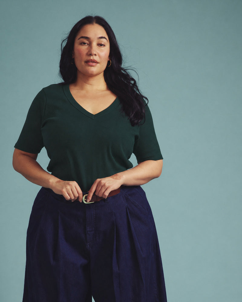 Classic V-Neck Ribbed Tee - Conifer | Plus Size & Straight Size Women's Fashion | Universal Standard